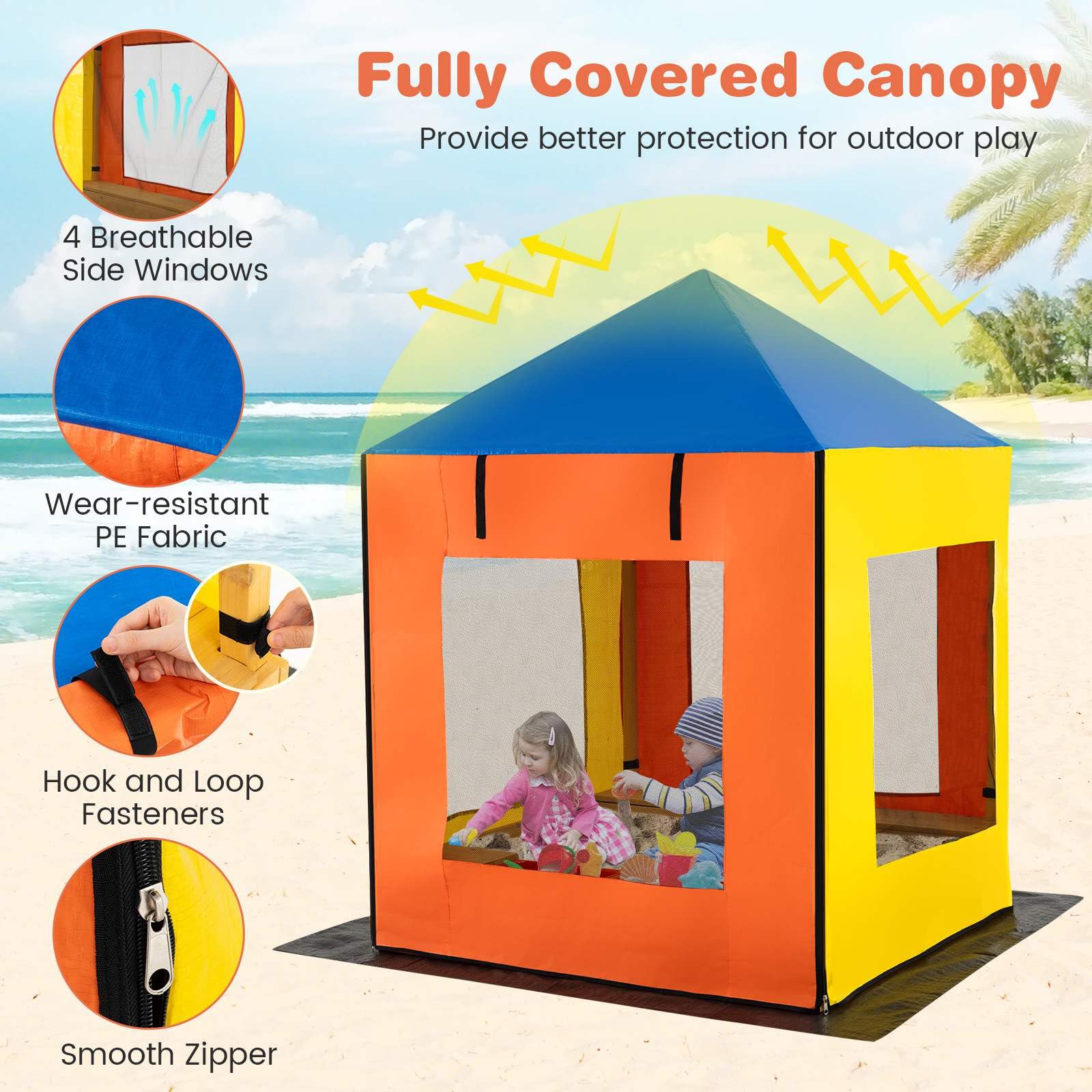 Kids Wooden Sandbox with Canopy, Outdoor Large Fir Wood Playhouse w/Bottom Liner - Image 7