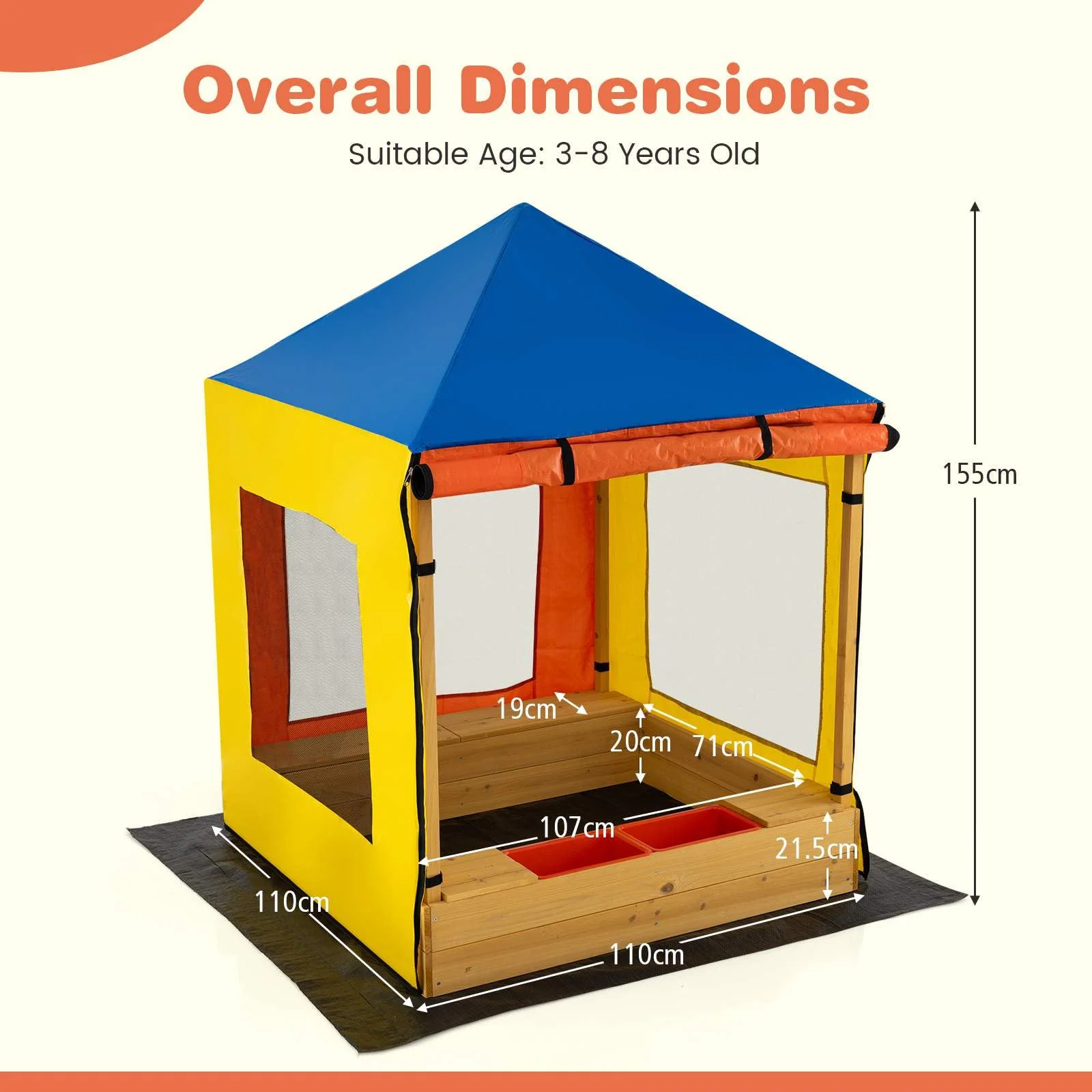 Kids Wooden Sandbox with Canopy, Outdoor Large Fir Wood Playhouse w/Bottom Liner - Image 8