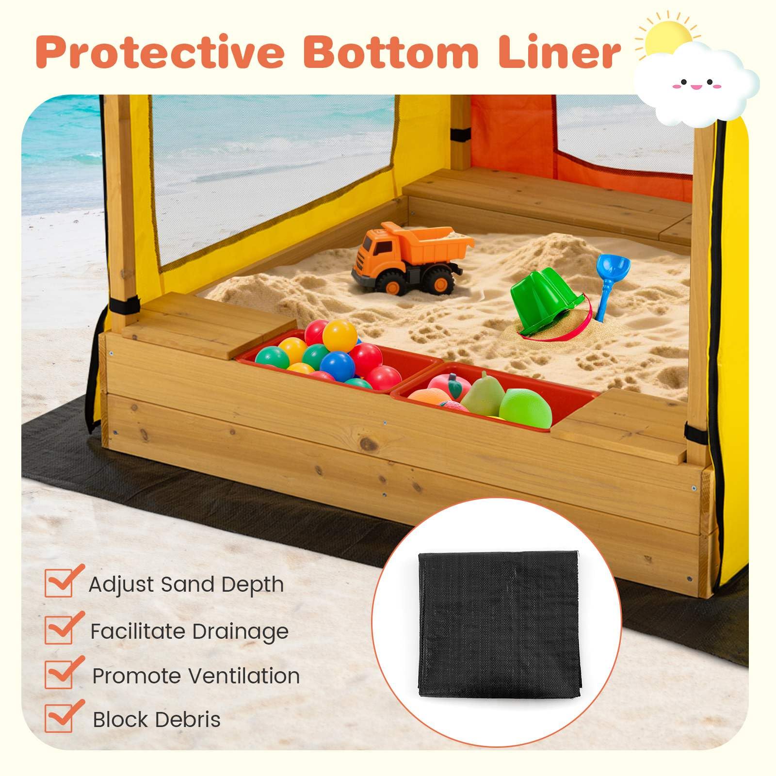 Kids Wooden Sandbox with Canopy, Outdoor Large Fir Wood Playhouse w/Bottom Liner - Image 9