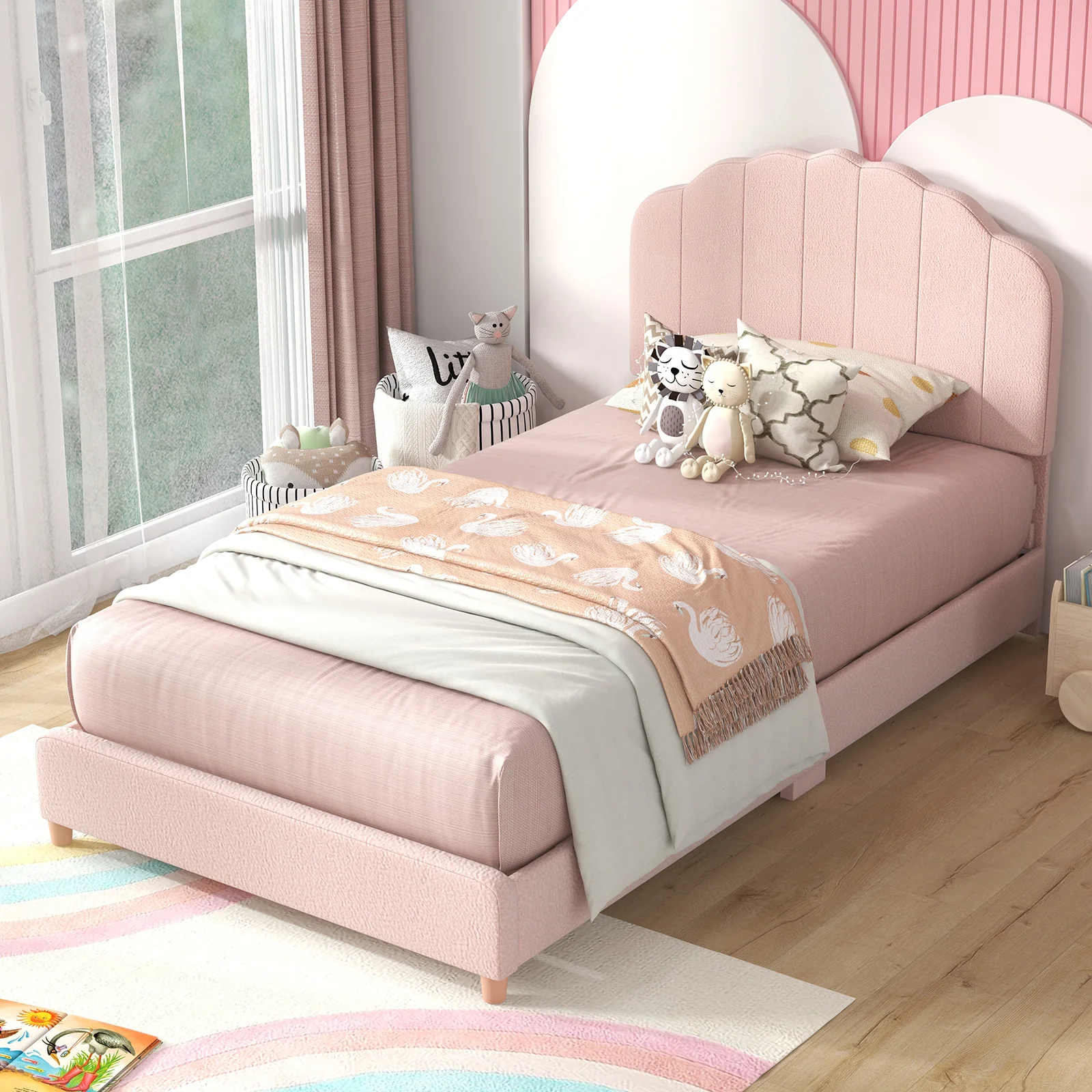 Kids Wooden Single Bed Frame, Upholstered Platform Bed Frame - Image 4