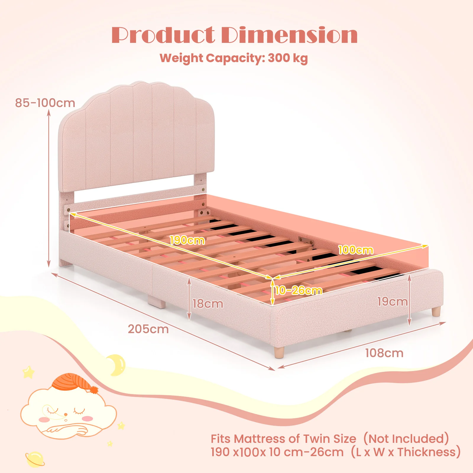 Kids Wooden Single Bed Frame, Upholstered Platform Bed Frame - Image 9