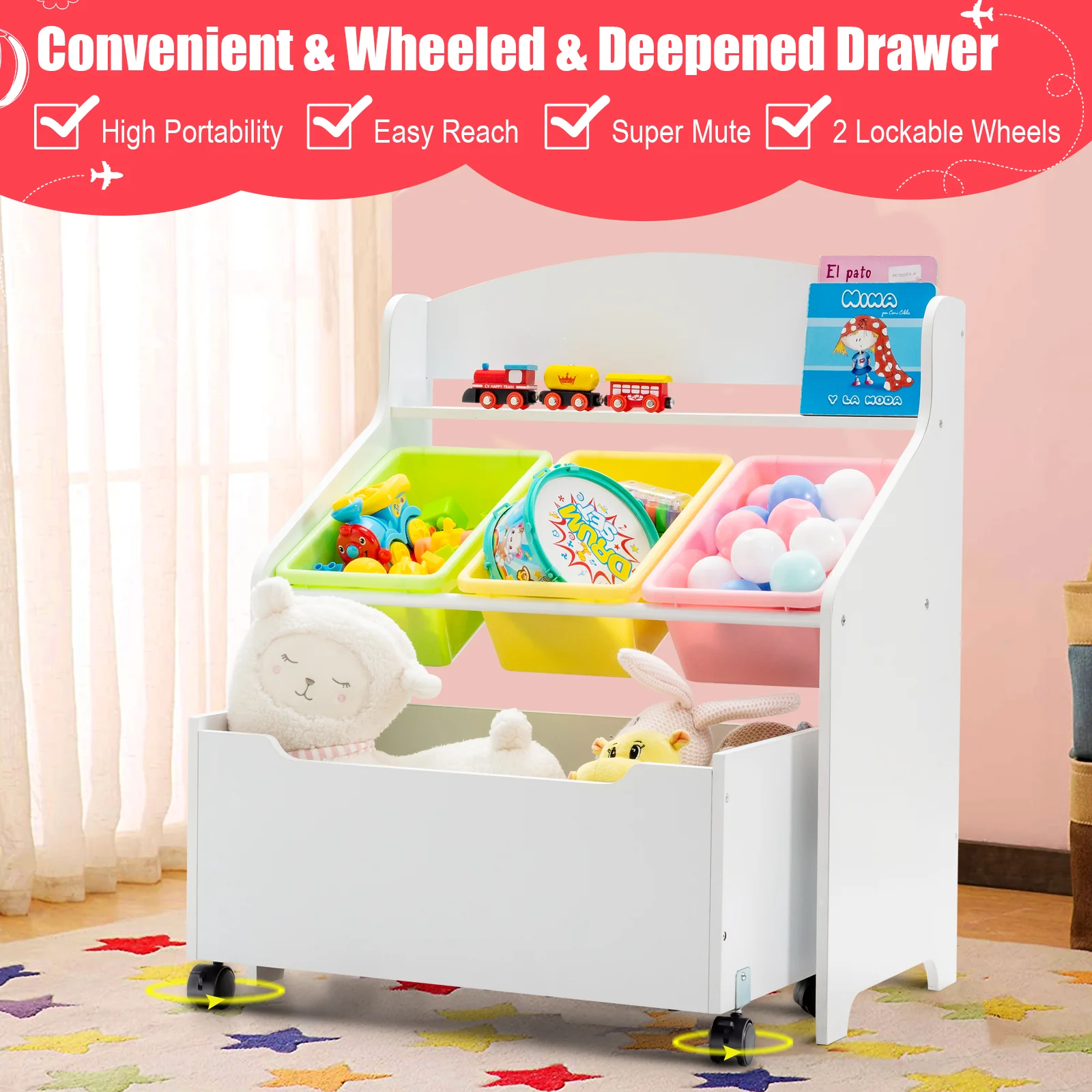 Kids Wooden Storage Cabinet, Preschool/Homeschooling Mobile Organizer Shelf - Image 3