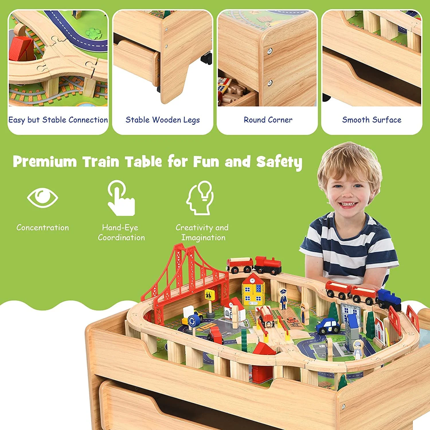 Kids Wooden Train Track Railway Set Table with 100 Multicolor Pieces - Image 4