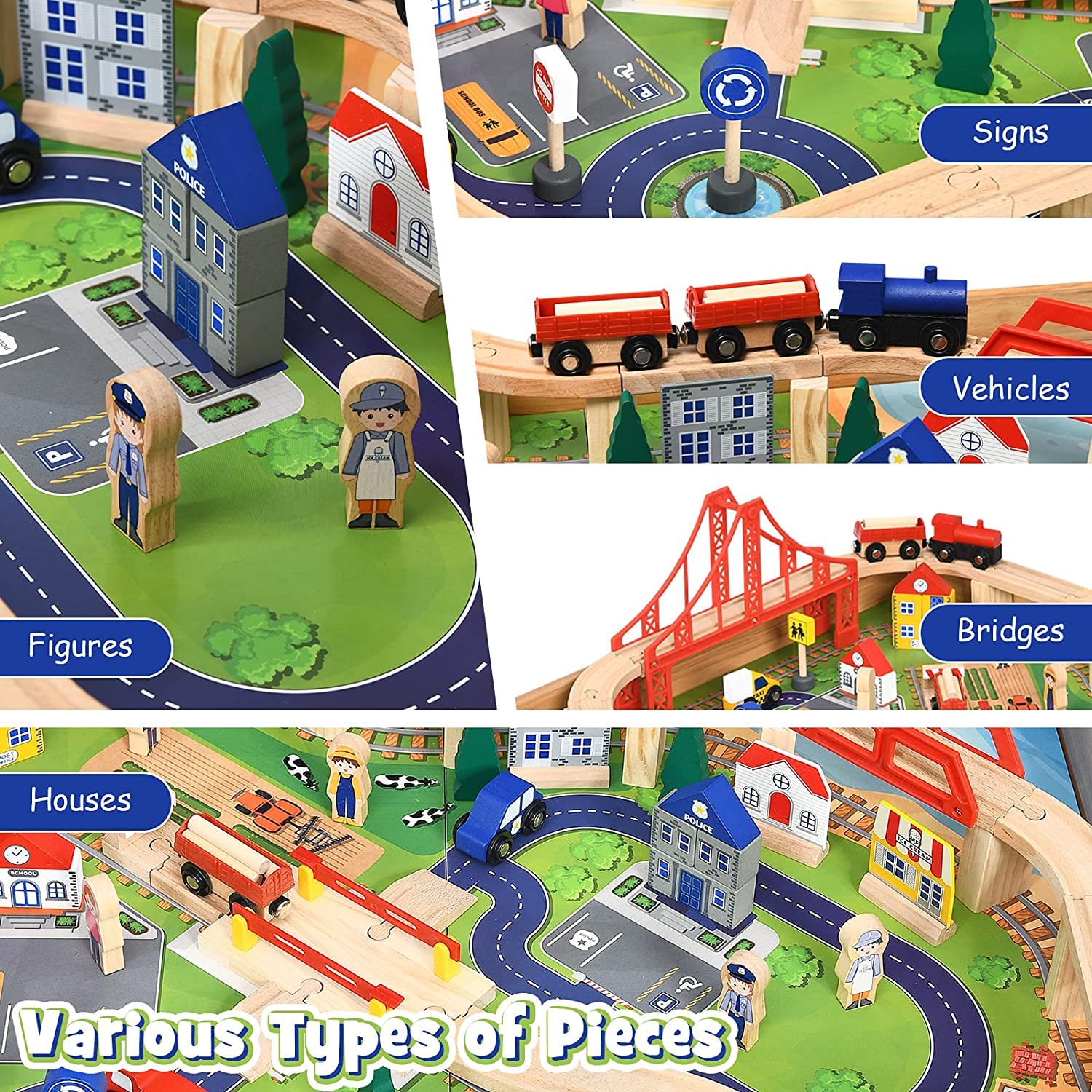 Kids Wooden Train Track Railway Set Table with 100 Multicolor Pieces - Image 5