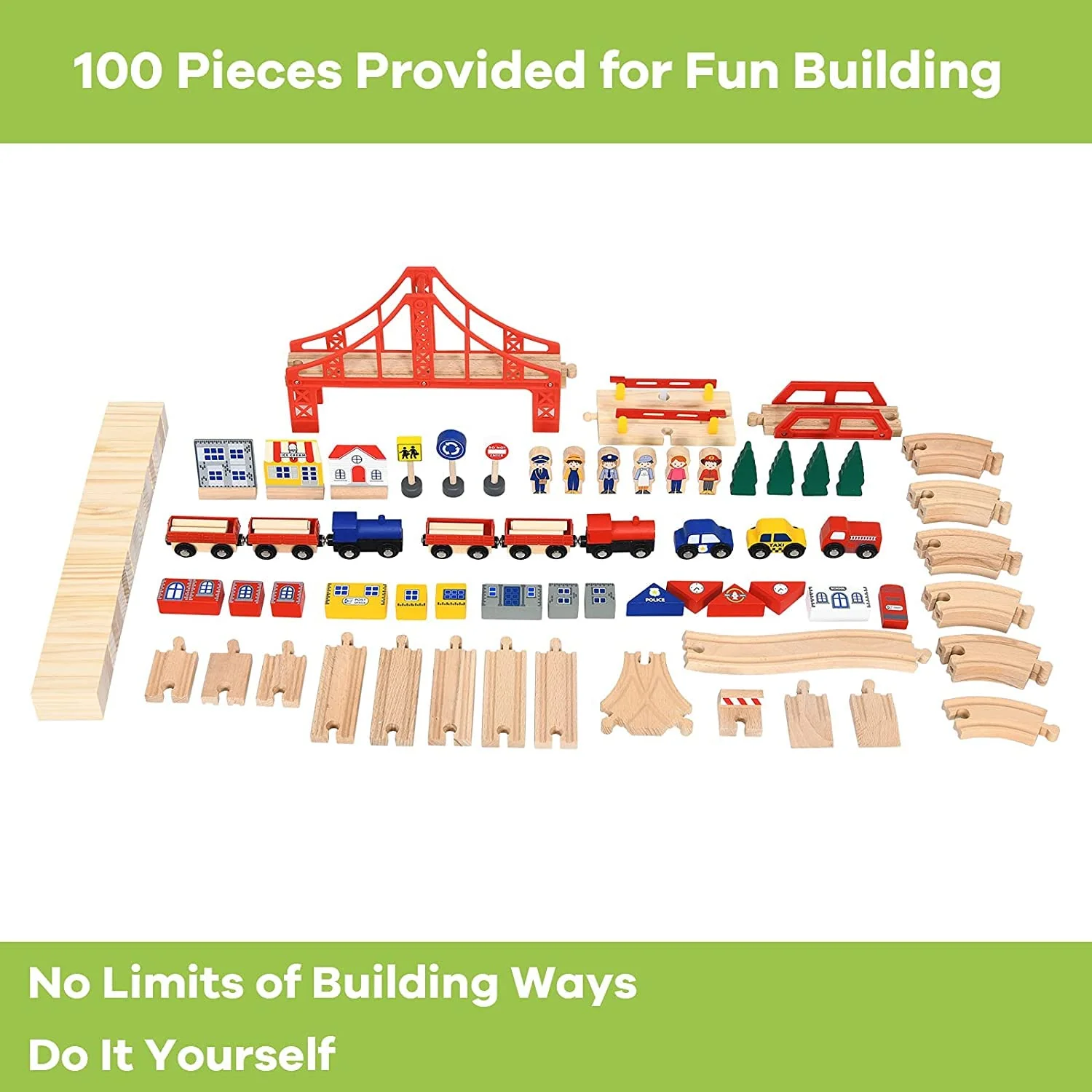 Kids Wooden Train Track Railway Set Table with 100 Multicolor Pieces - Image 6