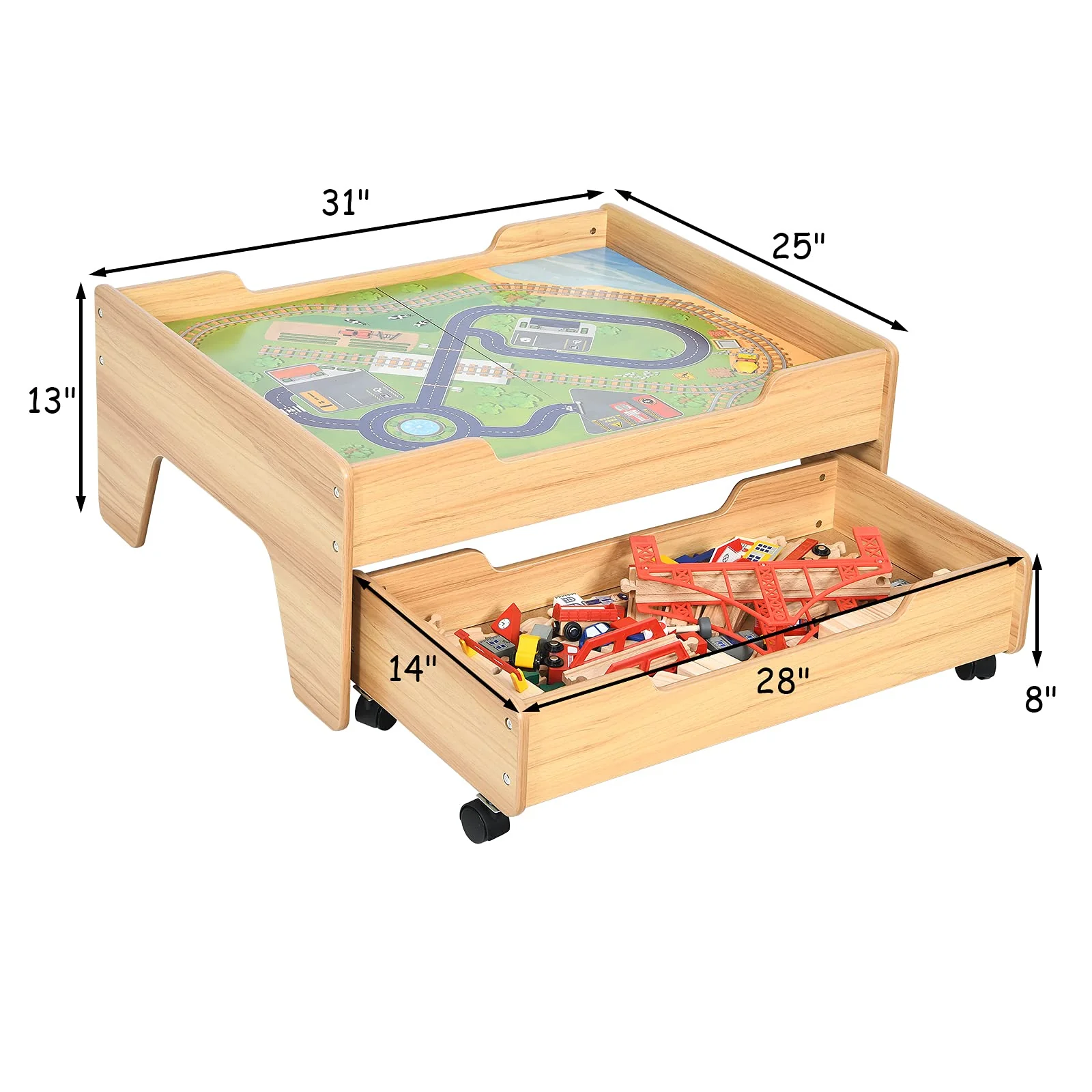 Kids Wooden Train Track Railway Set Table with 100 Multicolor Pieces - Image 7