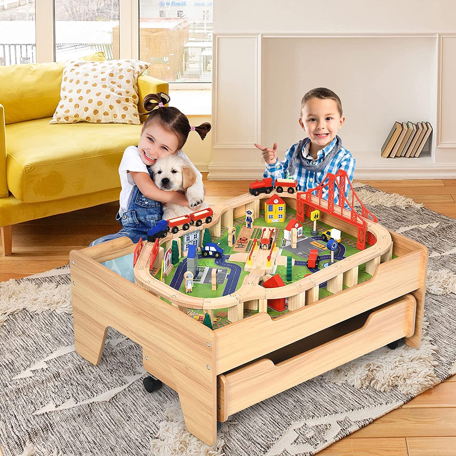 Kids Wooden Train Track Railway Set Table with 100 Multicolor Pieces - Image 8