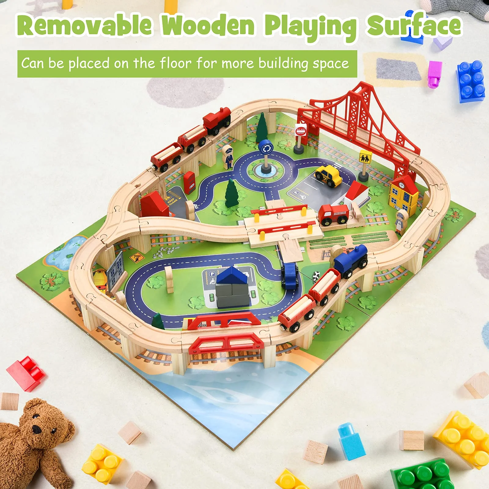 Kids Wooden Train Track Railway Set Table with 100 Multicolor Pieces - Image 9