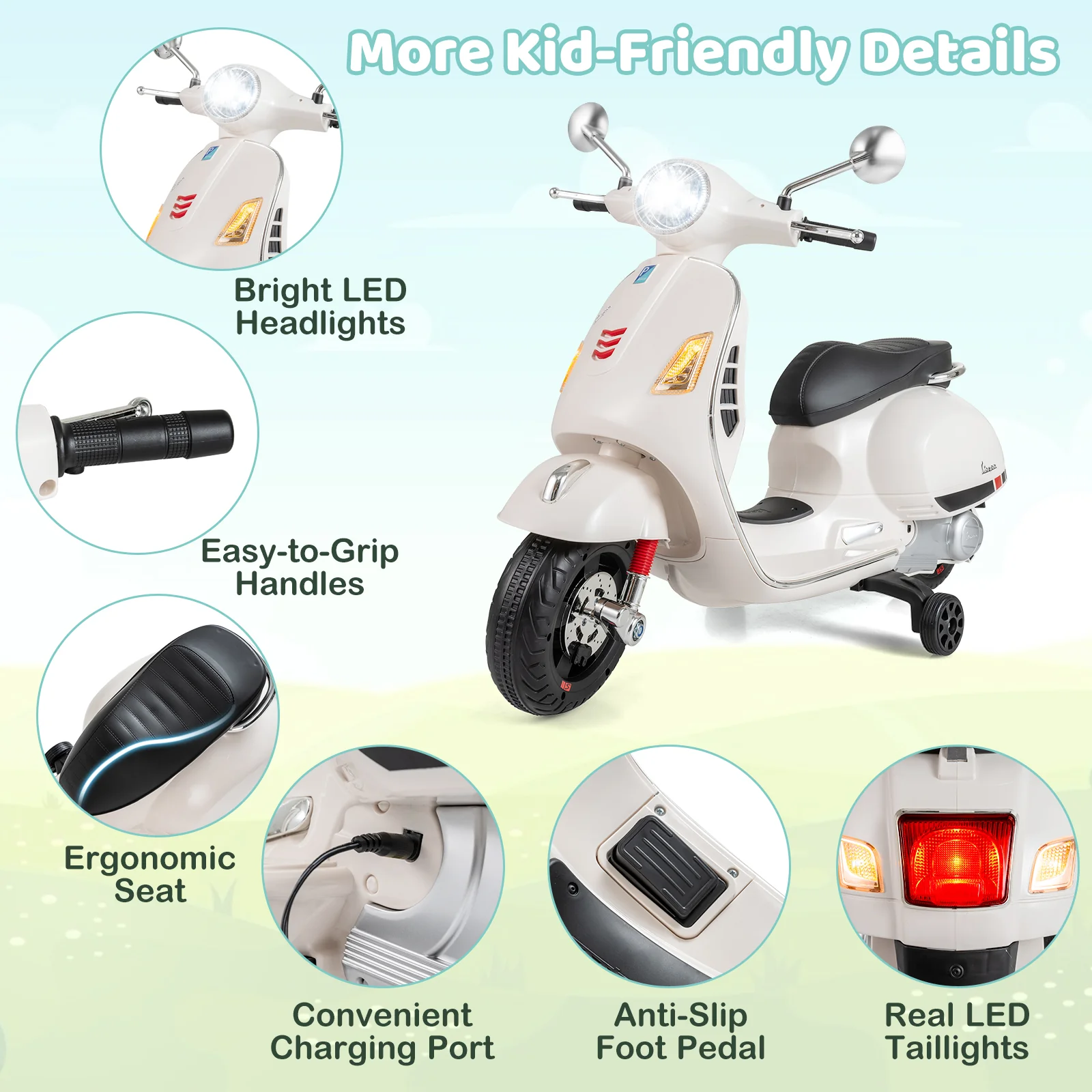 Licensed VESPA 12V Kids Electric Motorcycle with Dual Motors - Image 9