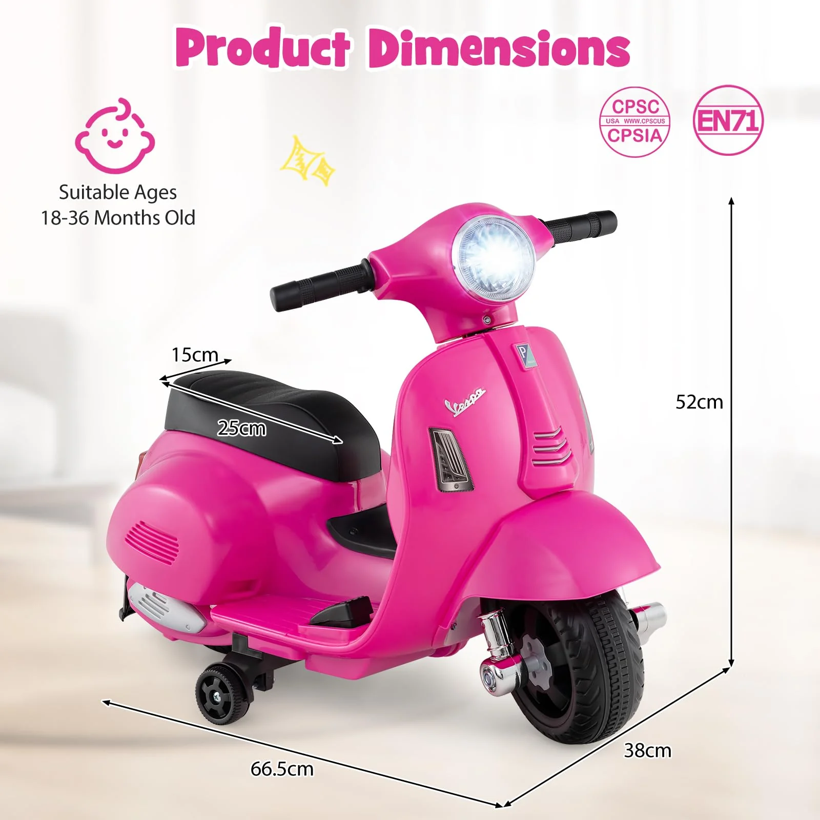 Licensed Vespa Kids Ride on Motorcycle with LED Headlight and Horn Sound - Image 4