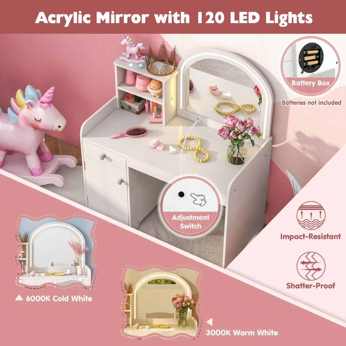Makeup Table & Chair Set with Acrylic Mirror & 2-Colour LED Lights - Image 10