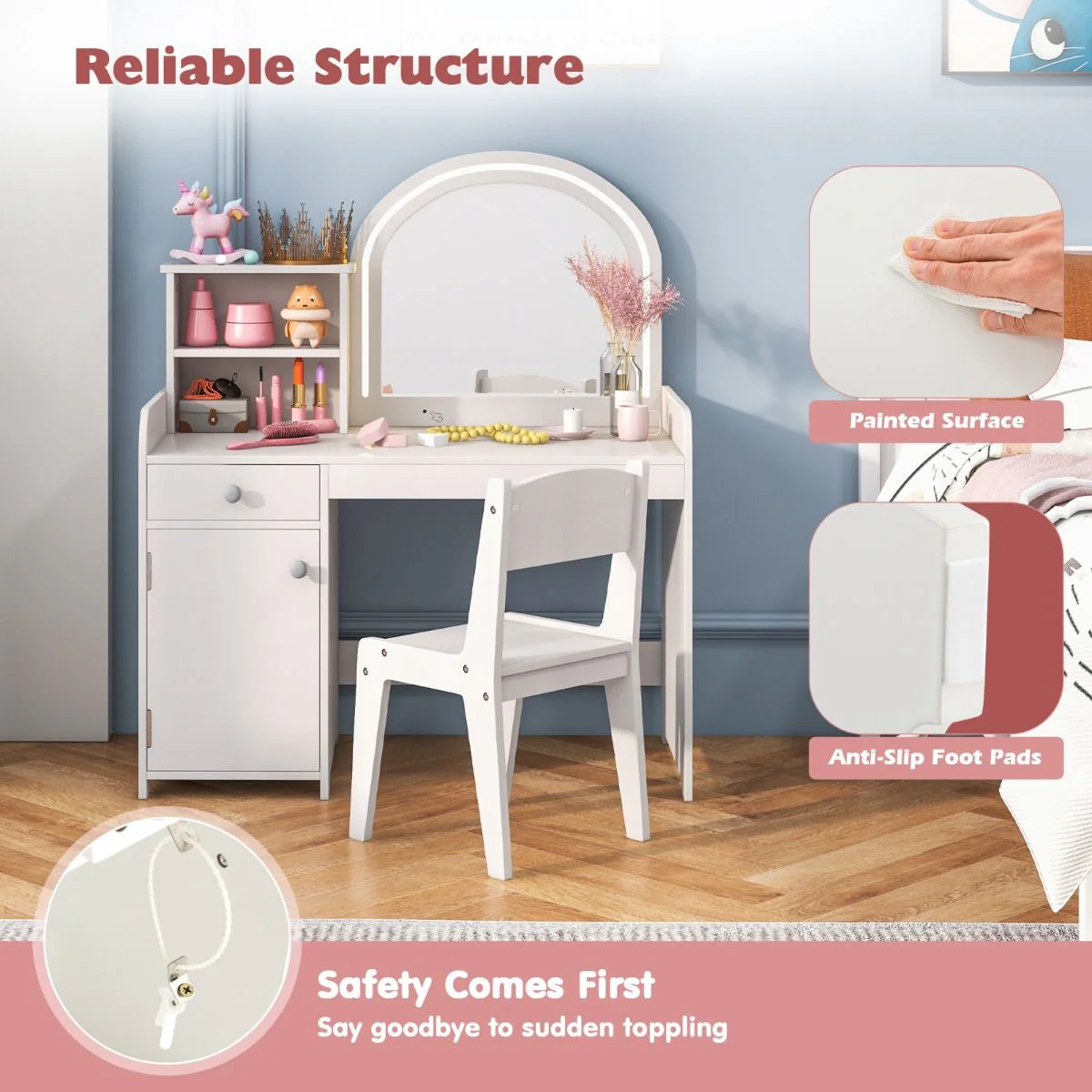 Makeup Table & Chair Set with Acrylic Mirror & 2-Colour LED Lights - Image 4