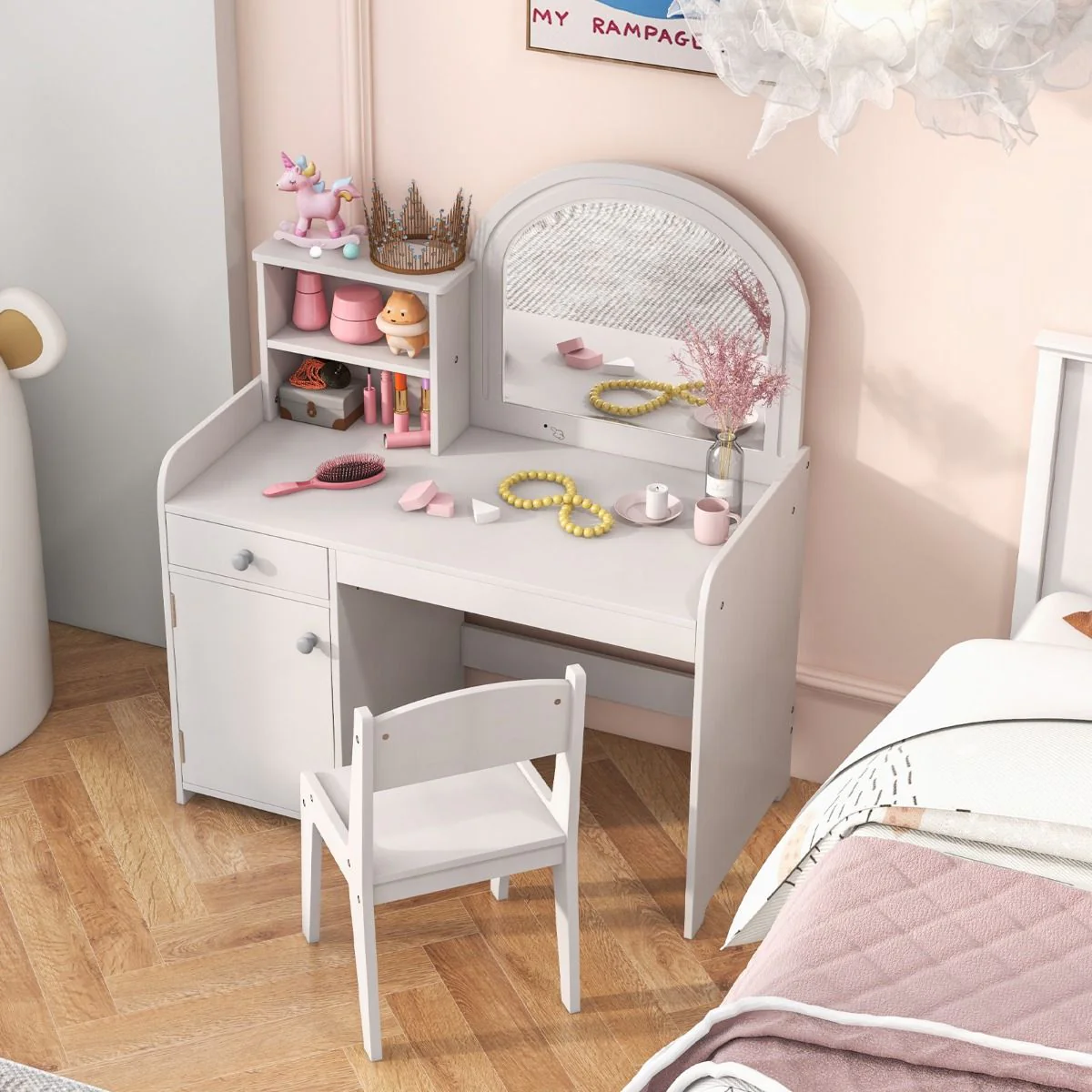 Makeup Table & Chair Set with Acrylic Mirror & 2-Colour LED Lights - Image 6
