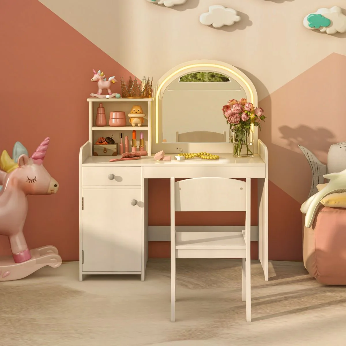 Makeup Table & Chair Set with Acrylic Mirror & 2-Colour LED Lights - Image 7