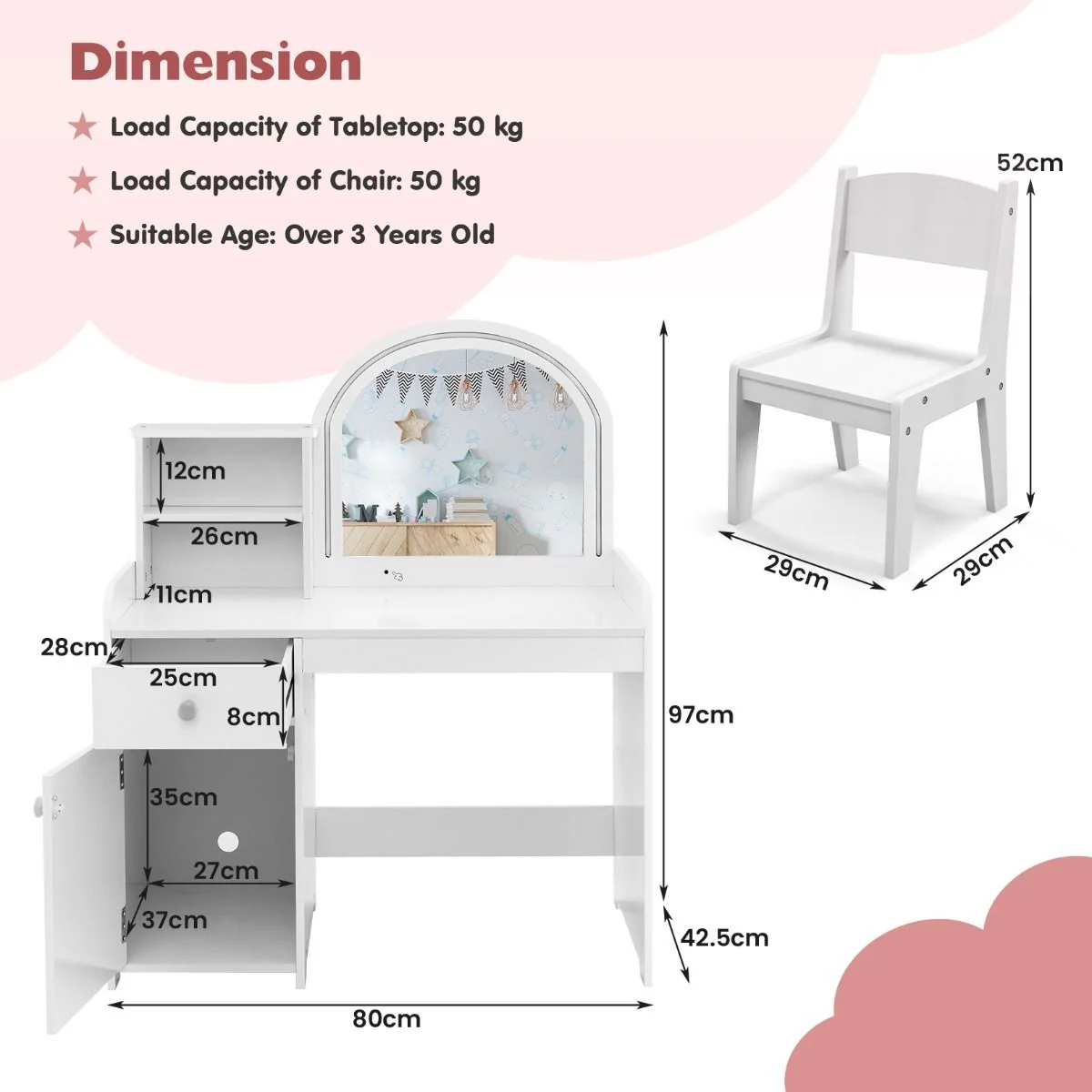 Makeup Table & Chair Set with Acrylic Mirror & 2-Colour LED Lights - Image 9