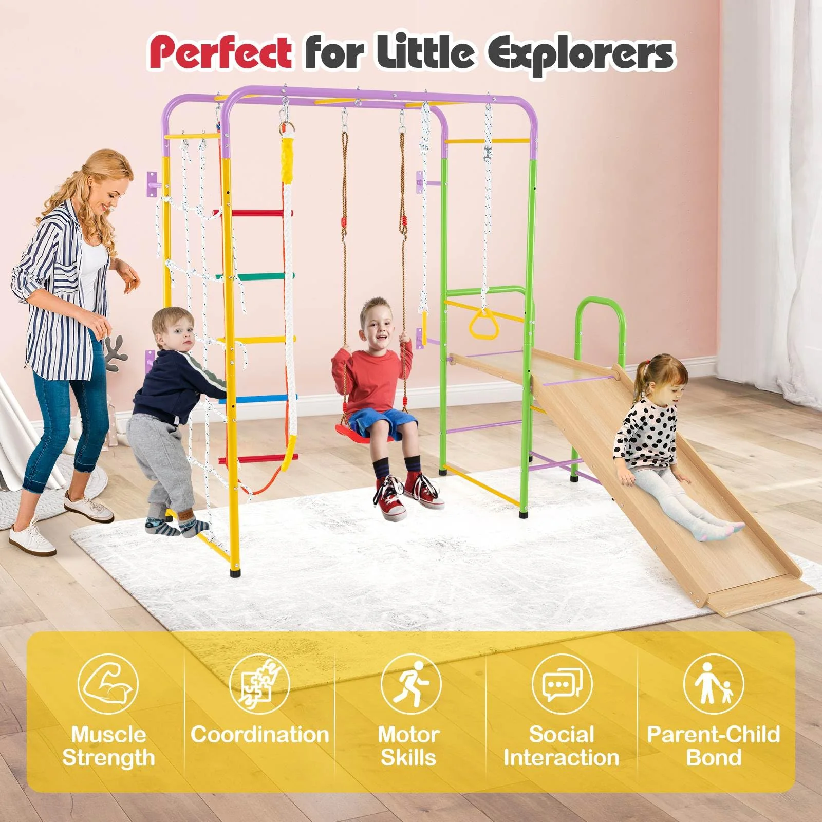 Metal Indoor Jungle Gym, 8-in-1 Climbing Playset w/Monkey Bars - Image 2