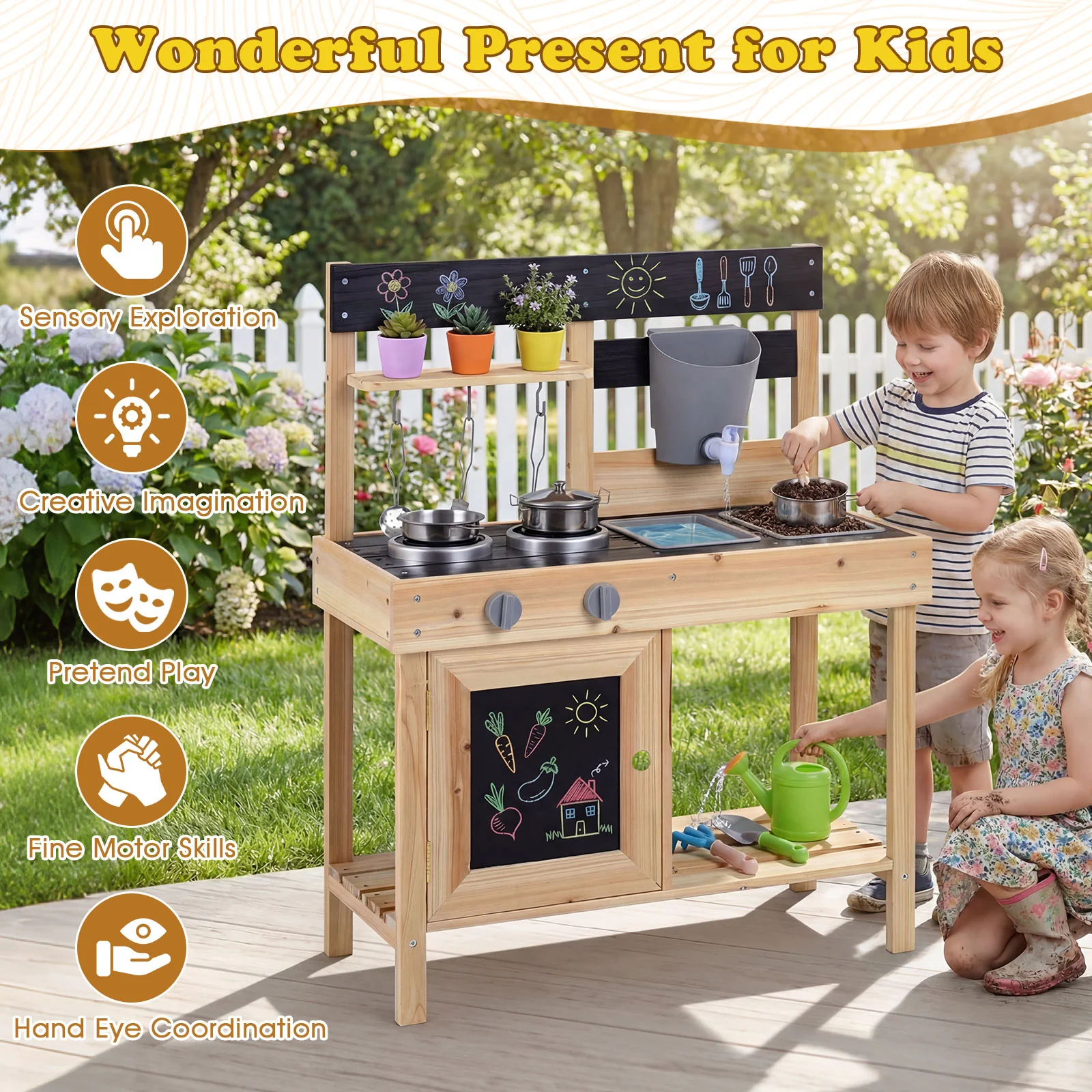 Mud Kitchen for Kids Outdoor with Stoves and Chalkboards for Children Ages 3+ Years - Image 10