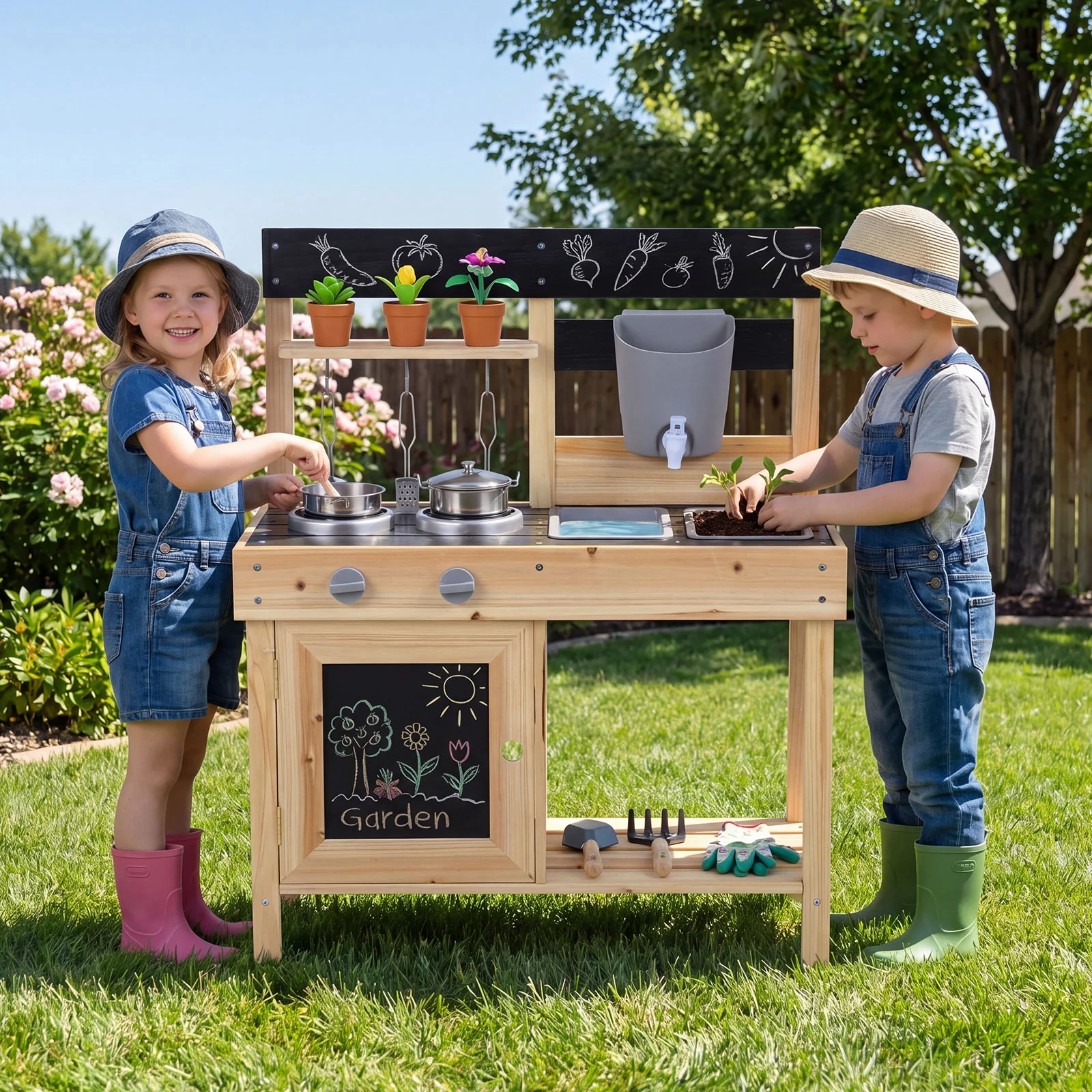 Mud Kitchen for Kids Outdoor with Stoves and Chalkboards for Children Ages 3+ Years - Image 2
