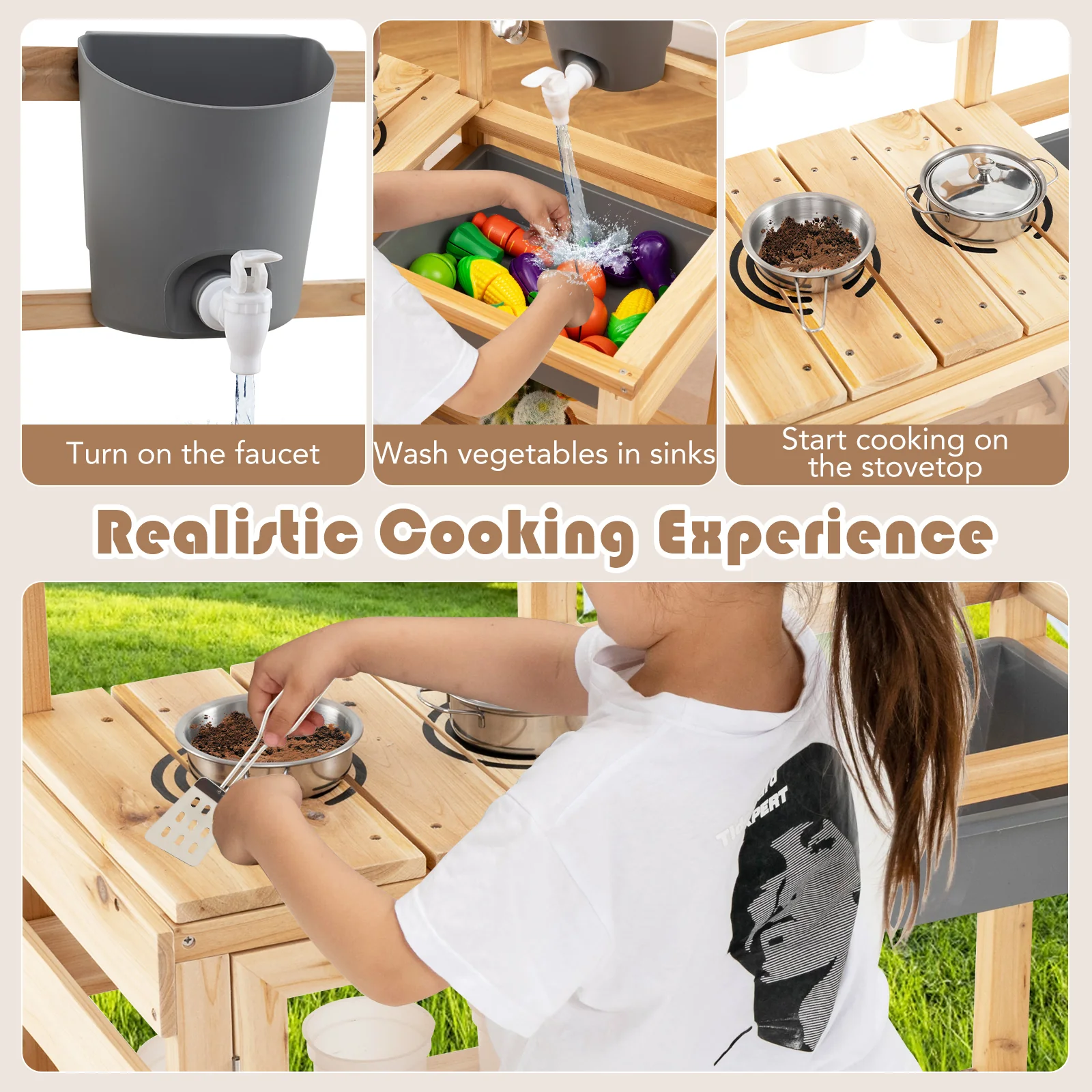 Mud Kitchen, Kids Pretend Play Kitchen Toy Set for Children 3+ Years Old - Image 4