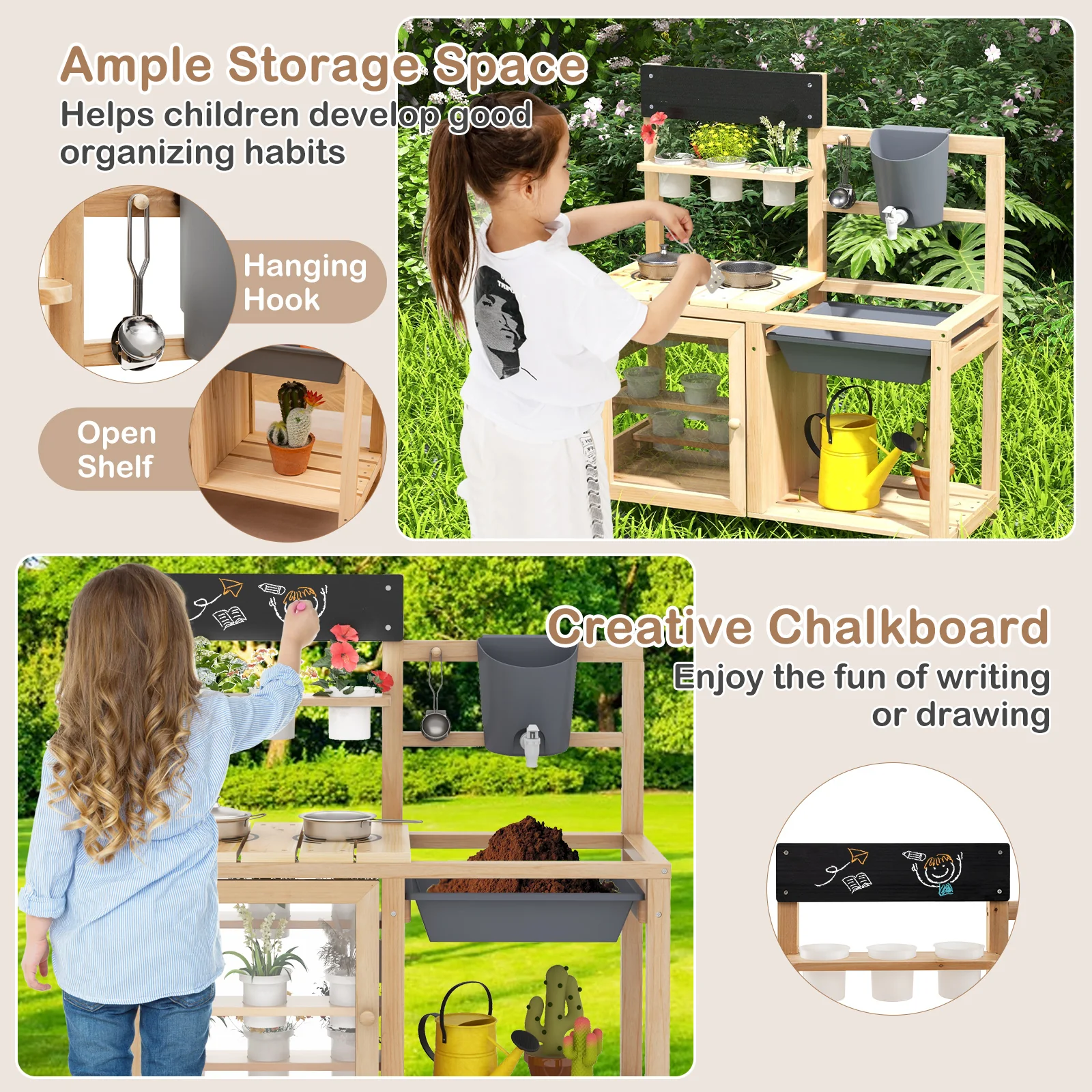 Mud Kitchen, Kids Pretend Play Kitchen Toy Set for Children 3+ Years Old - Image 7
