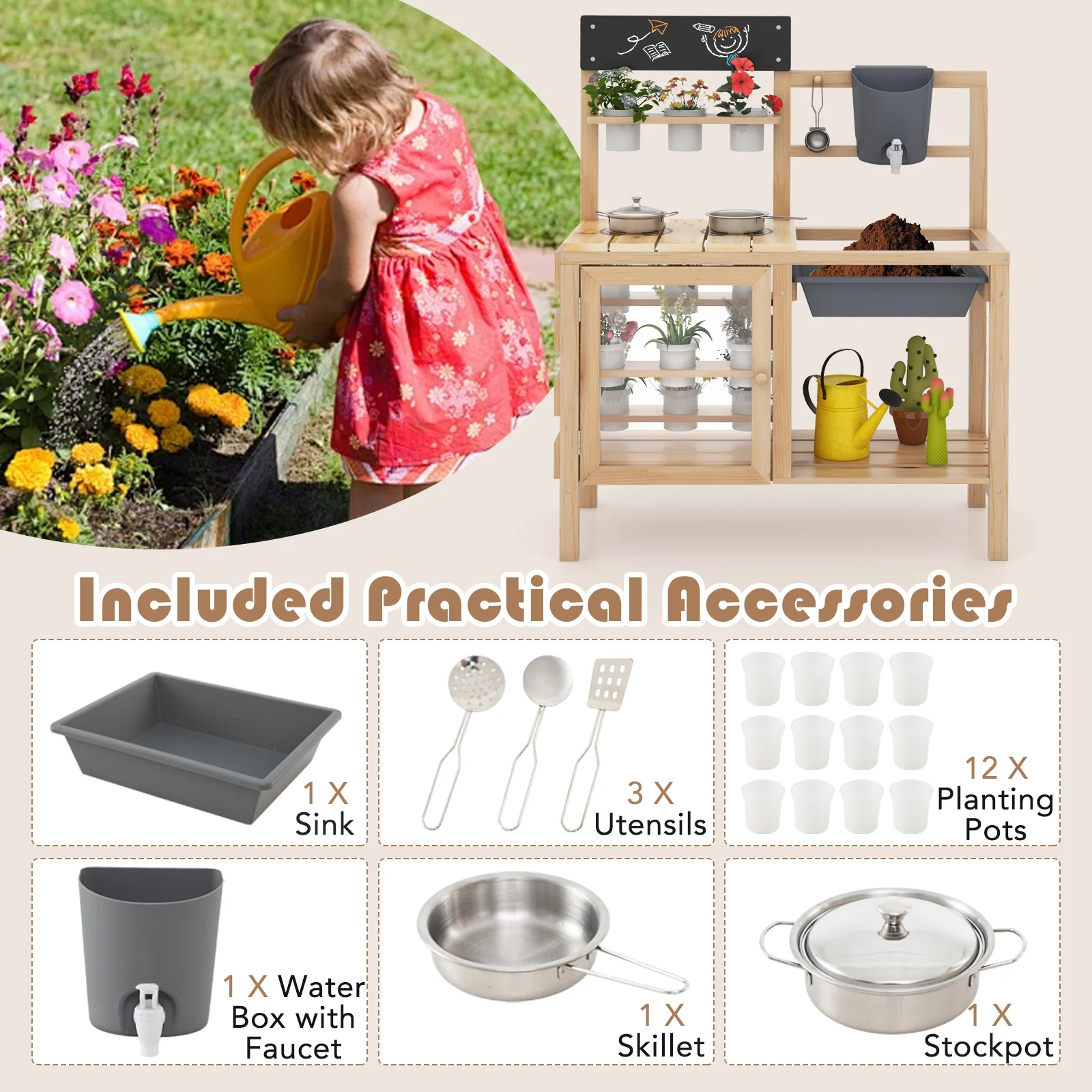 Mud Kitchen, Kids Pretend Play Kitchen Toy Set for Children 3+ Years Old - Image 8