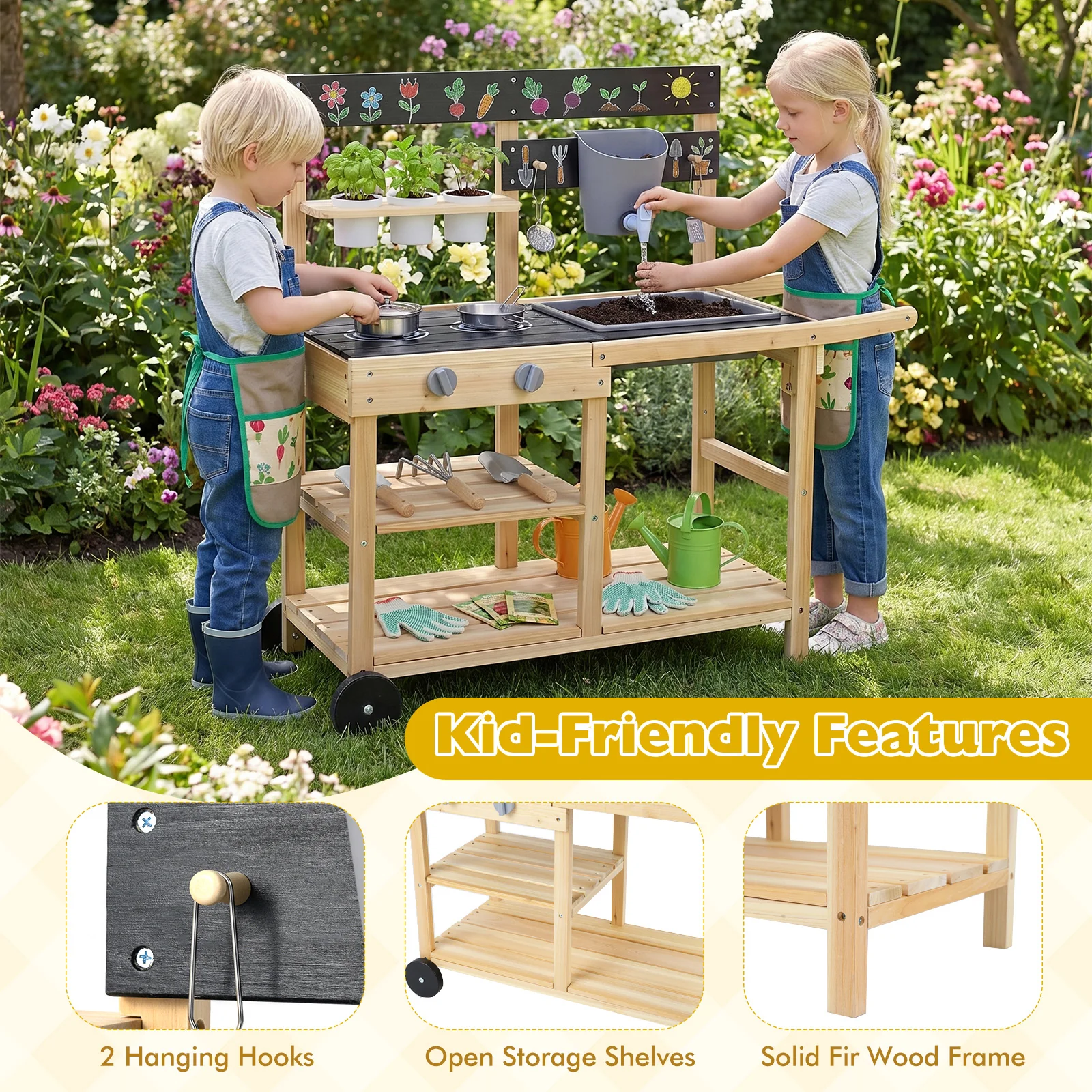 Mud Kitchen with Wheels, Outdoor Fir Wood Play Kitchen - Image 7