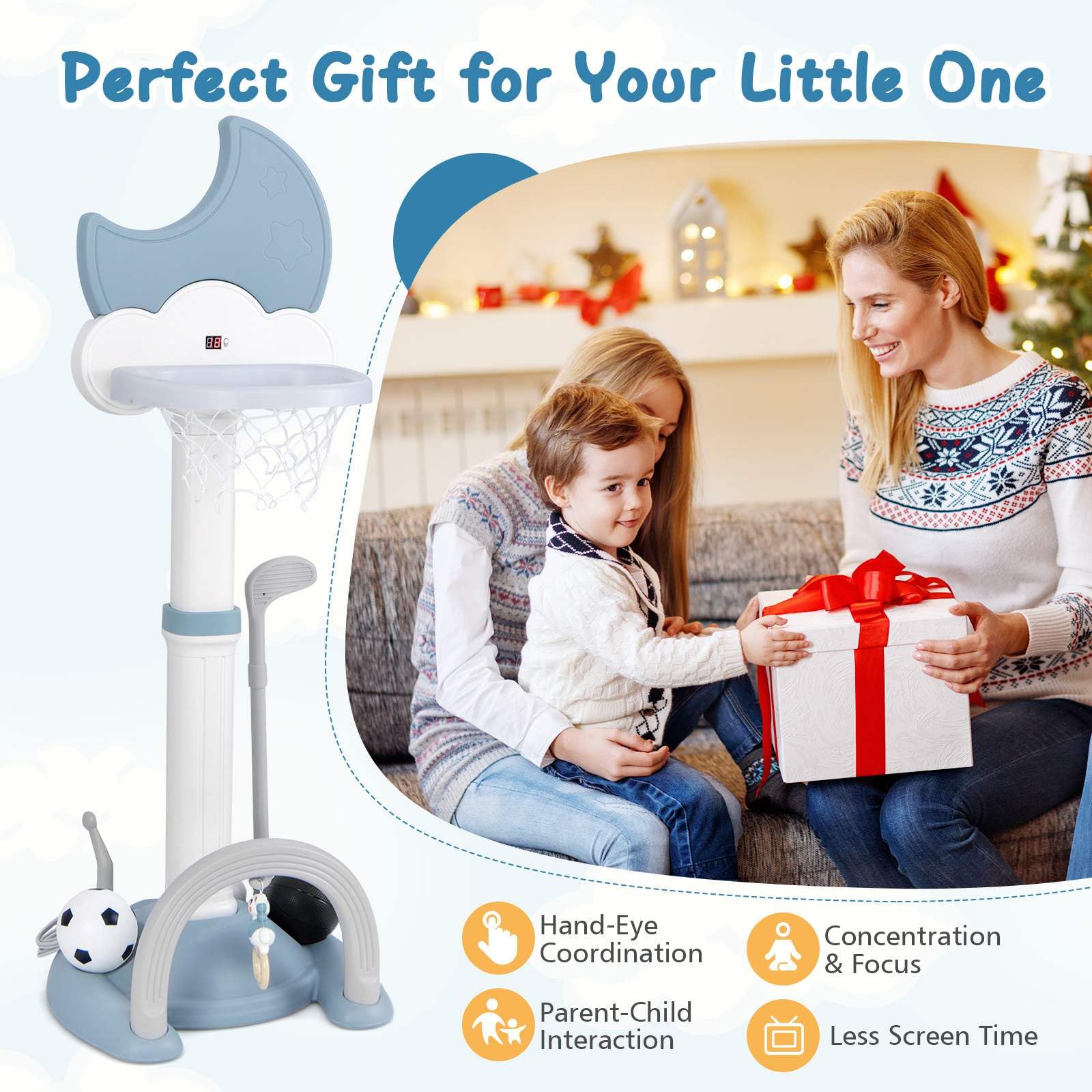 Multi-in-1 Kids Basketball Hoop Adjustable Sports Center Foot Ball Golf Playset - Image 3