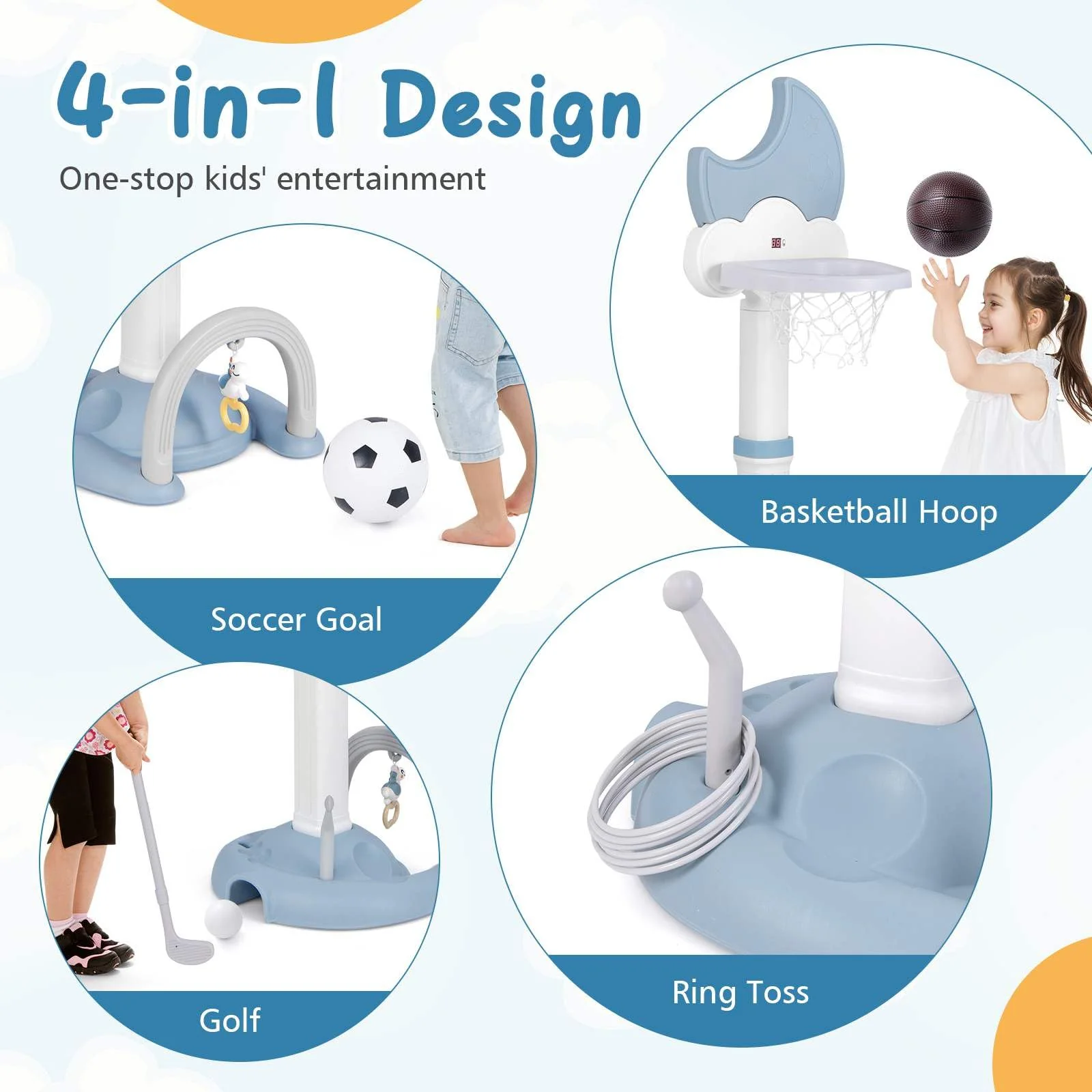 Multi-in-1 Kids Basketball Hoop Adjustable Sports Center Foot Ball Golf Playset - Image 6