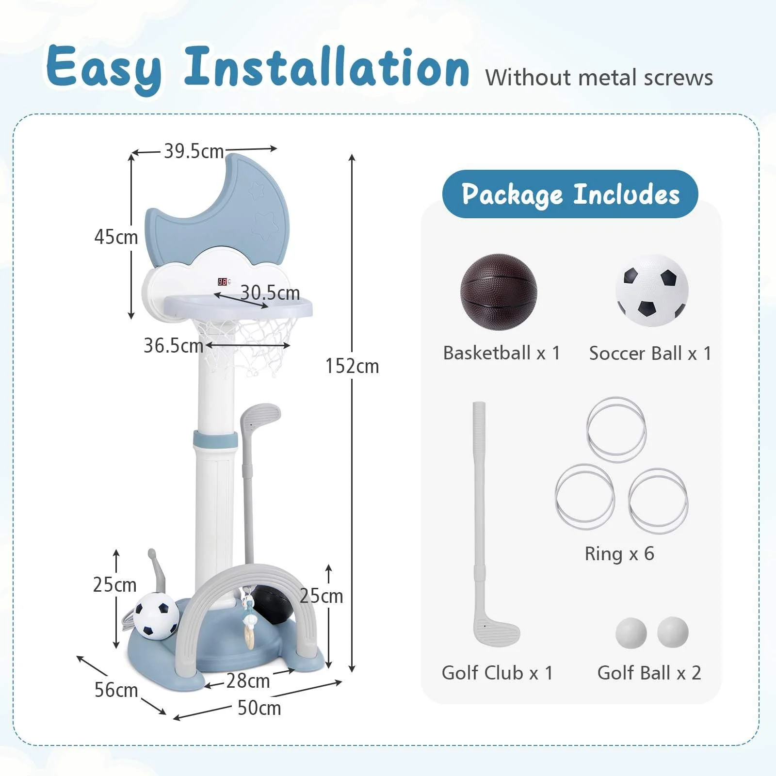 Multi-in-1 Kids Basketball Hoop Adjustable Sports Center Foot Ball Golf Playset - Image 9