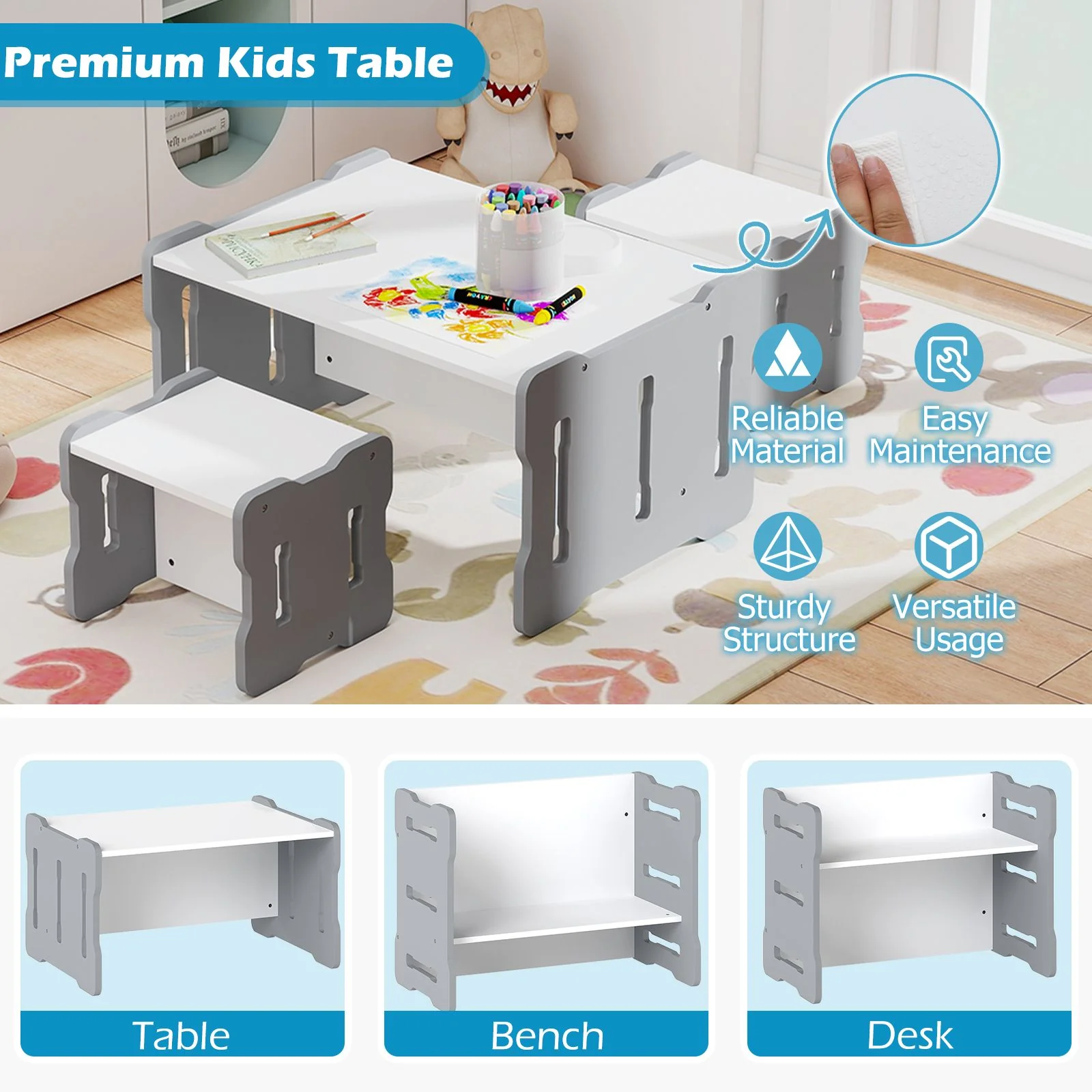 Multi-Use Toddler Furniture Set with Convertible Bench and 2 Tables - Image 7