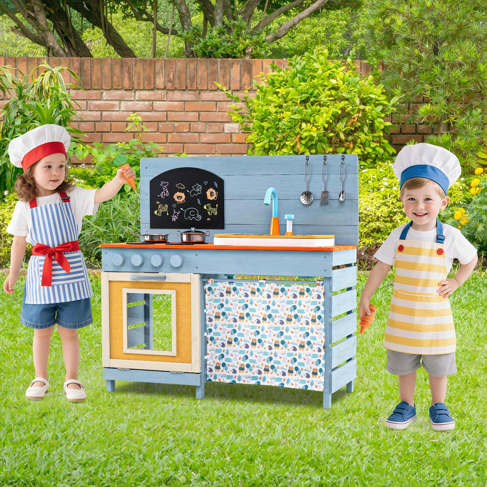 Outdoor Kids Play Kitchen Set, Wooden Kitchen Playset w/Stoves - Image 2