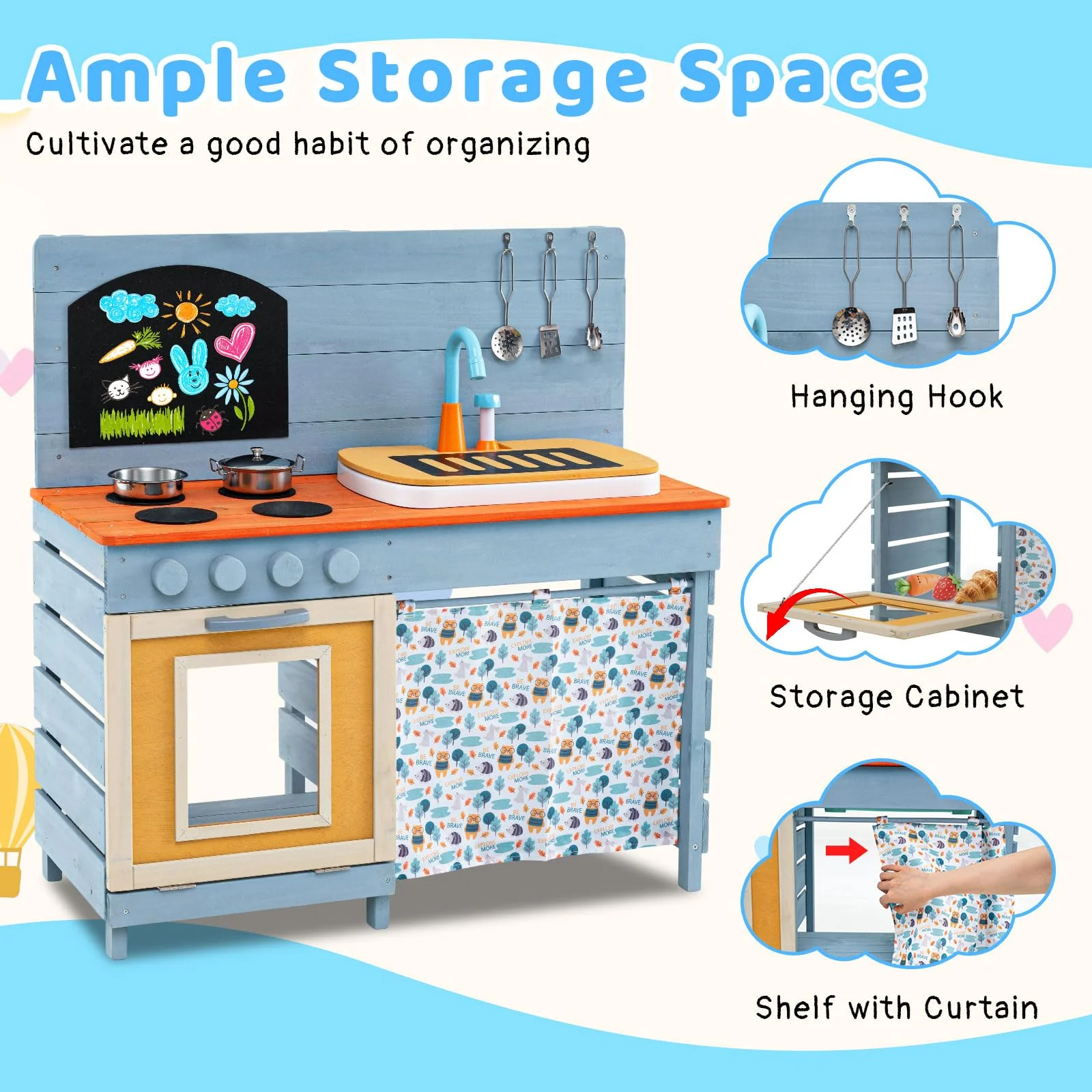 Outdoor Kids Play Kitchen Set, Wooden Kitchen Playset w/Stoves - Image 6