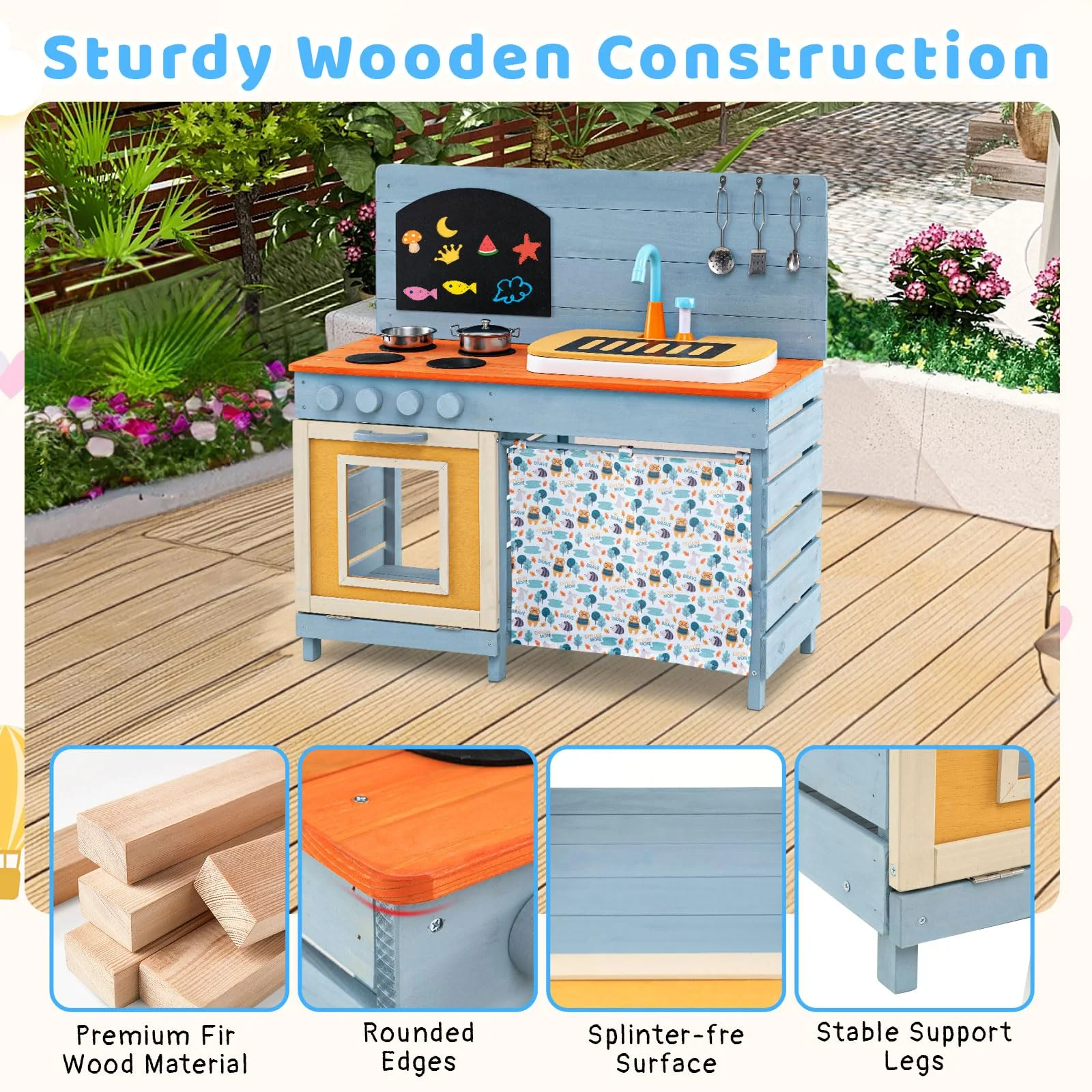 Outdoor Kids Play Kitchen Set, Wooden Kitchen Playset w/Stoves - Image 7