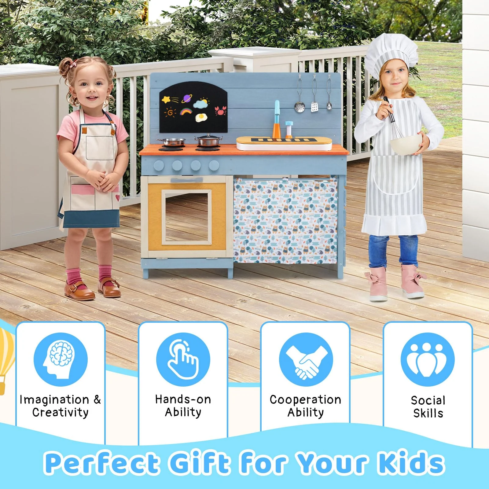 Outdoor Kids Play Kitchen Set, Wooden Kitchen Playset w/Stoves - Image 8