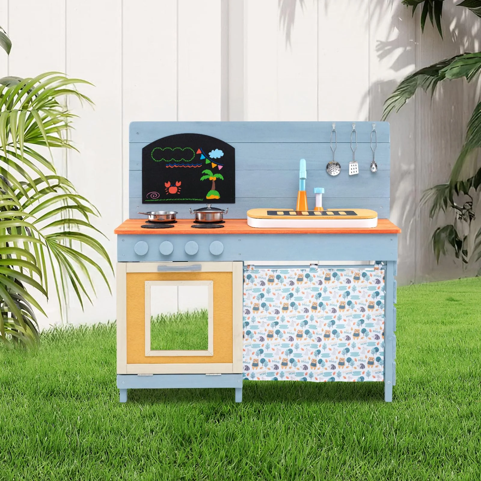 Outdoor Kids Play Kitchen Set, Wooden Kitchen Playset w/Stoves - Image 9
