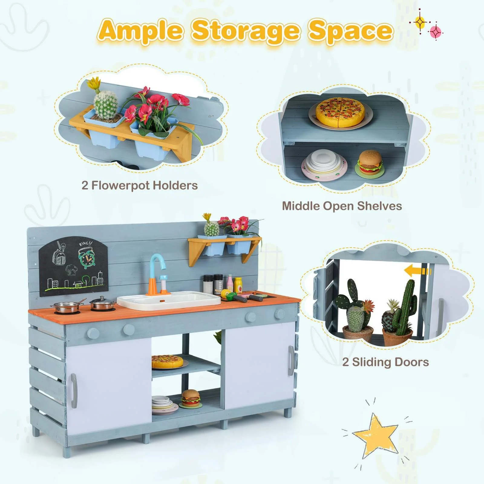 Outdoor Kids Play Kitchen, Wooden Kitchen Playset w/Sliding Doors - Image 5