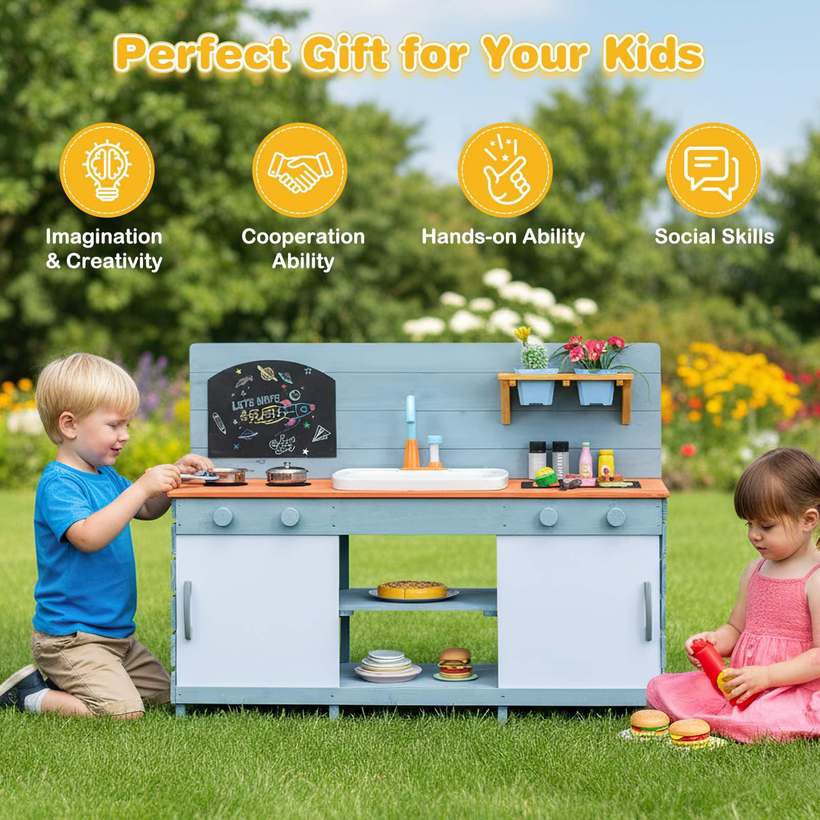 Outdoor Kids Play Kitchen, Wooden Kitchen Playset w/Sliding Doors - Image 6