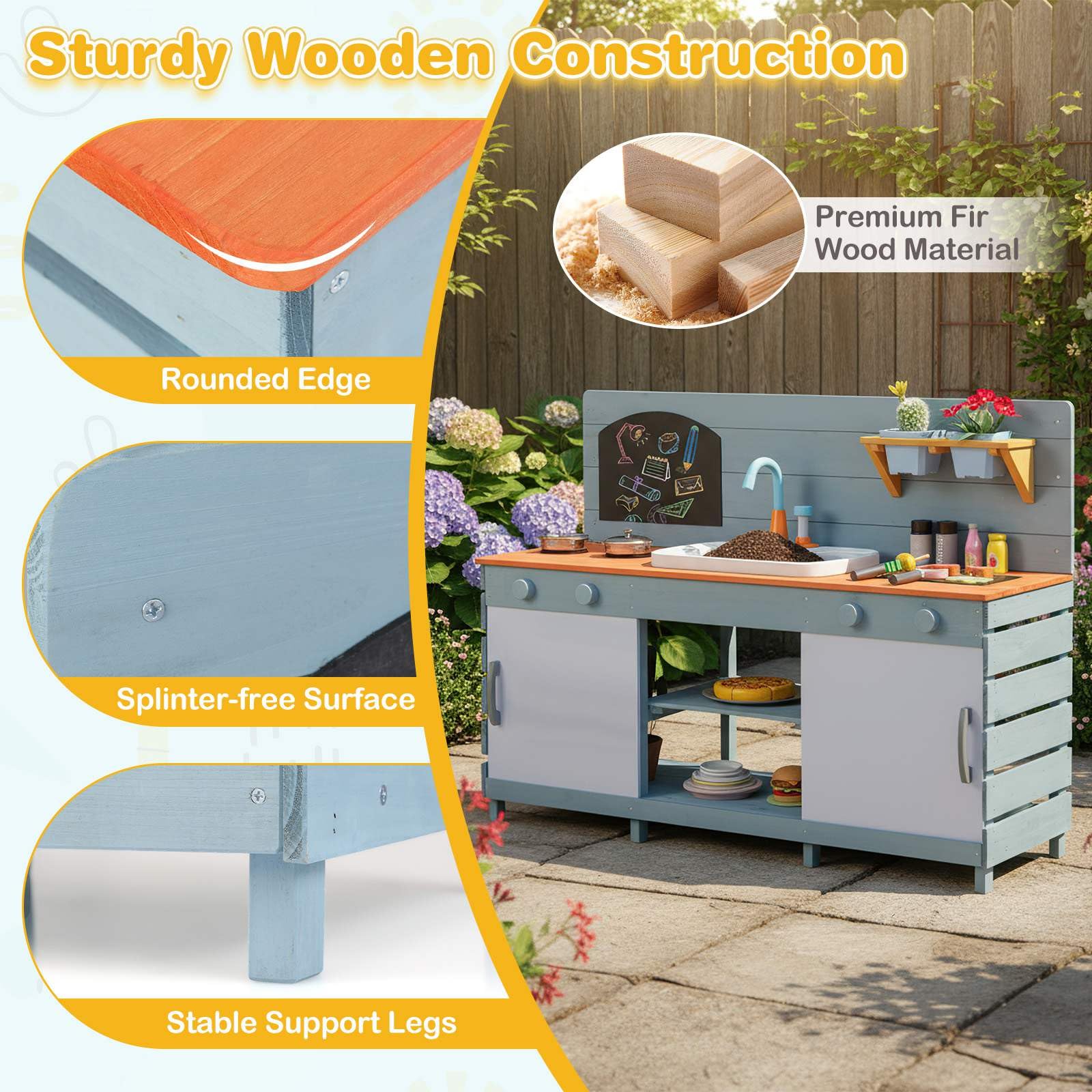 Outdoor Kids Play Kitchen, Wooden Kitchen Playset w/Sliding Doors - Image 8