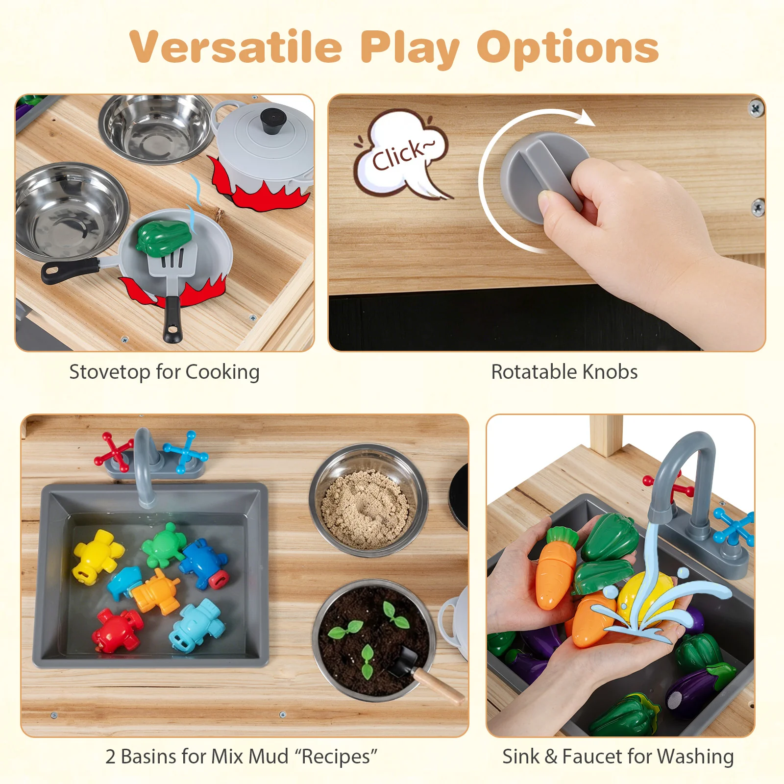 Outdoor Mud Kitchen for Kids Wooden Play Pretend Kitchen with Stoves - Image 4
