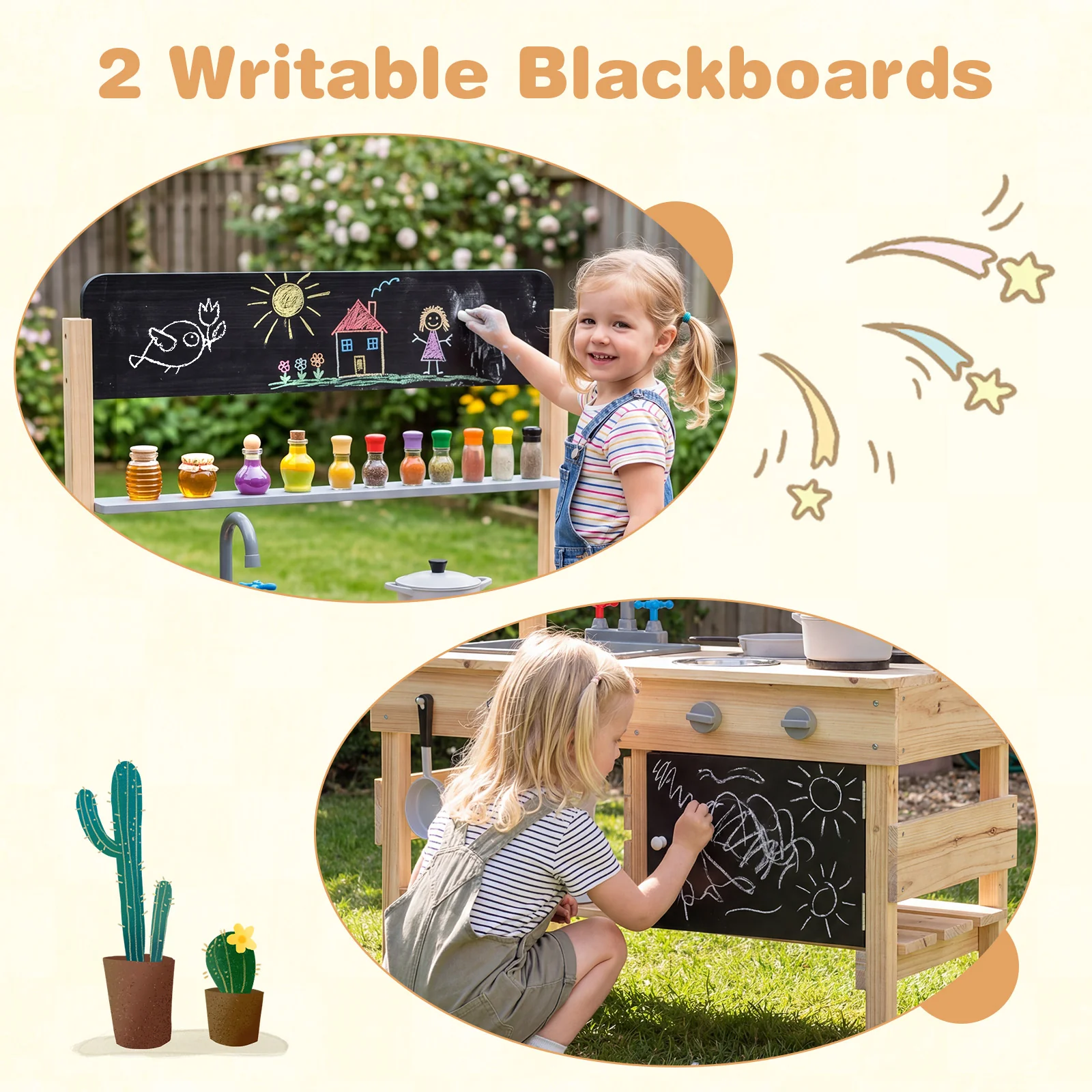 Outdoor Mud Kitchen for Kids Wooden Play Pretend Kitchen with Stoves - Image 6
