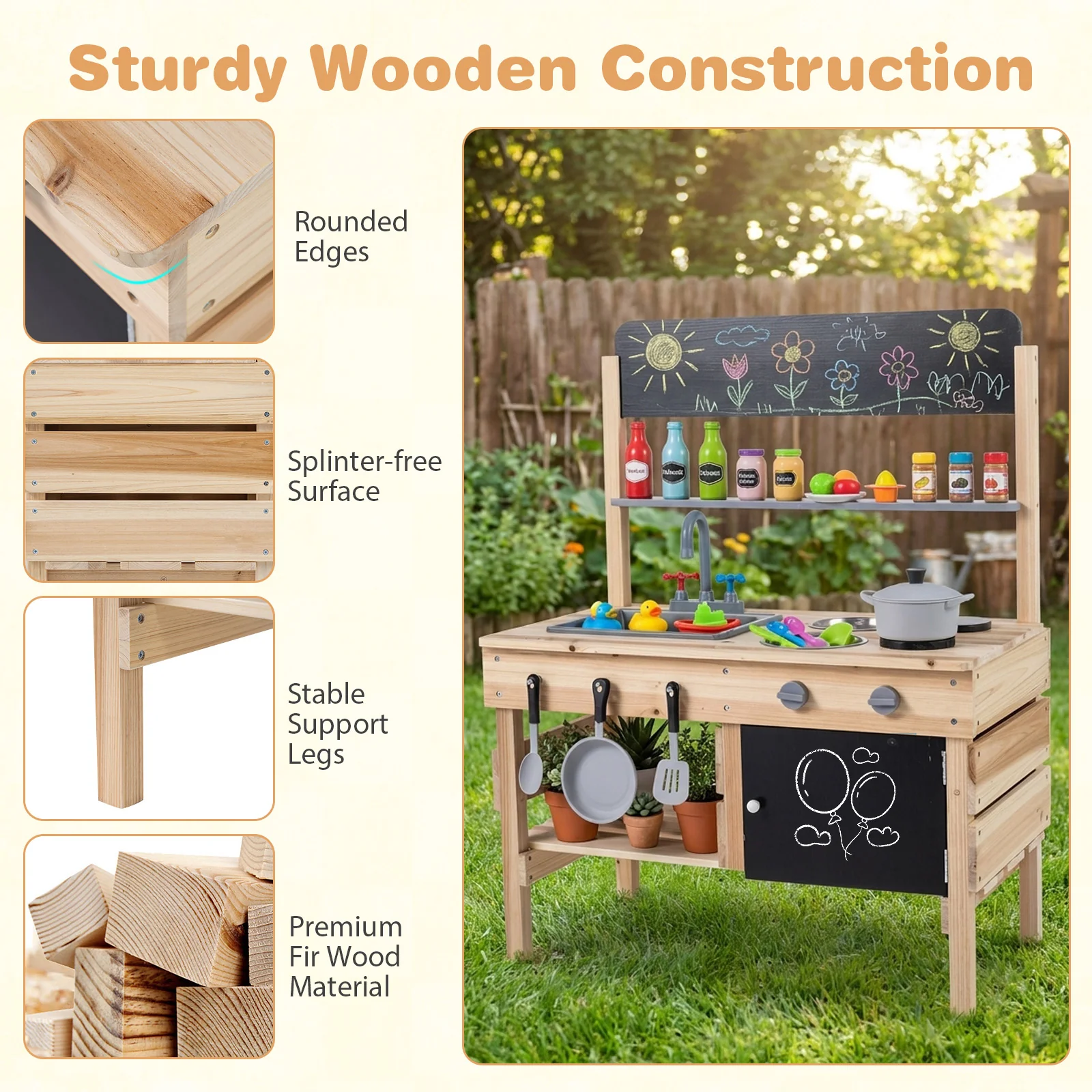 Outdoor Mud Kitchen for Kids Wooden Play Pretend Kitchen with Stoves - Image 7