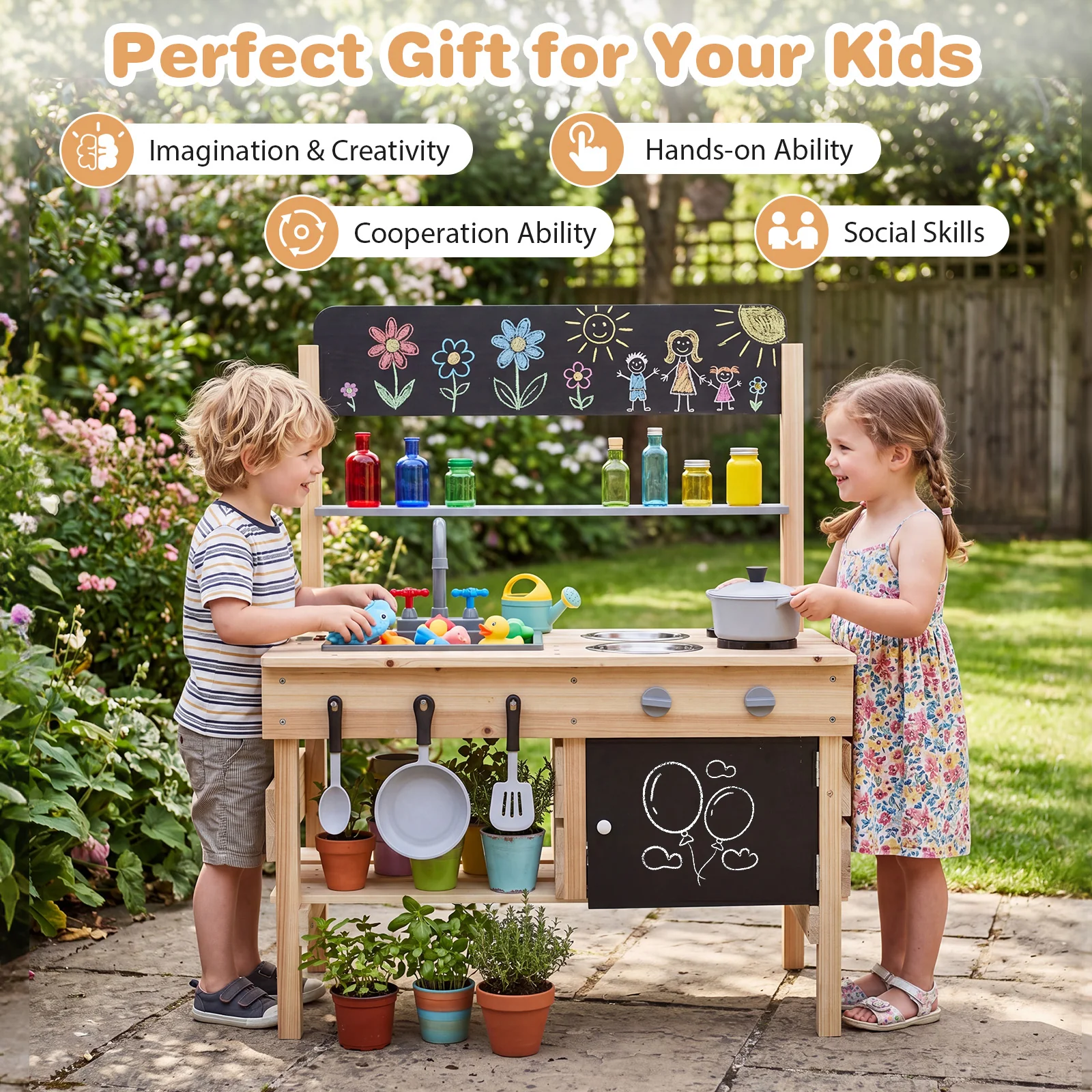 Outdoor Mud Kitchen for Kids Wooden Play Pretend Kitchen with Stoves - Image 8