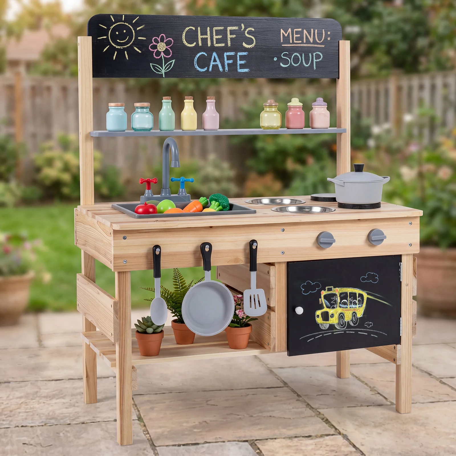 Outdoor Mud Kitchen for Kids Wooden Play Pretend Kitchen with Stoves - Image 9