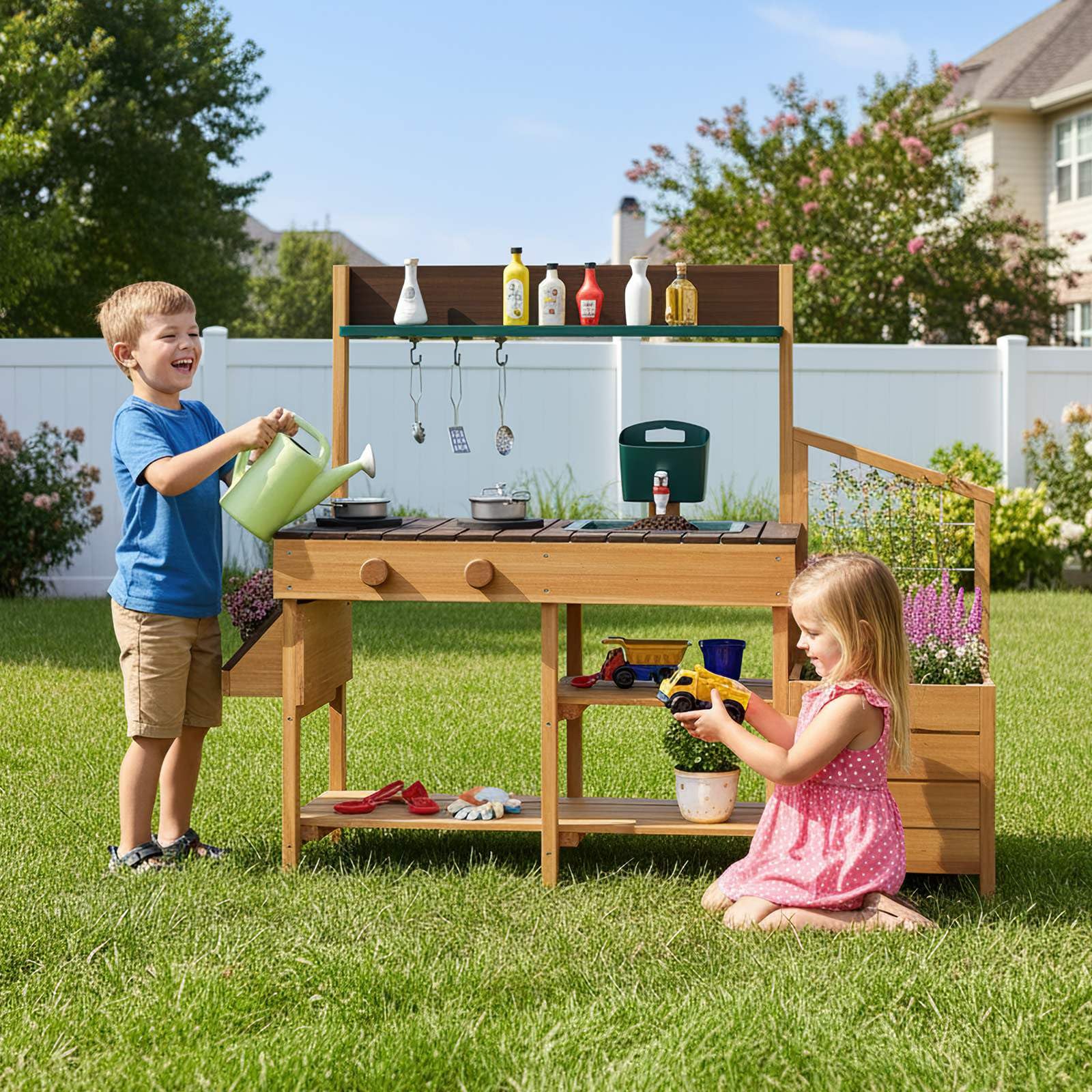 Outdoor Play Kitchen for Kids Wooden Toy Kitchen Playset with Removable Faucet - Image 2