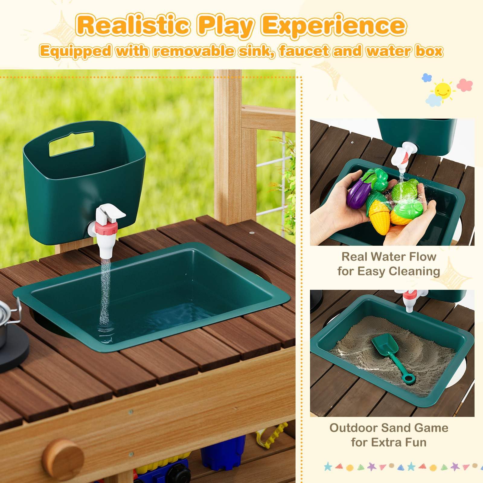 Outdoor Play Kitchen for Kids Wooden Toy Kitchen Playset with Removable Faucet - Image 3