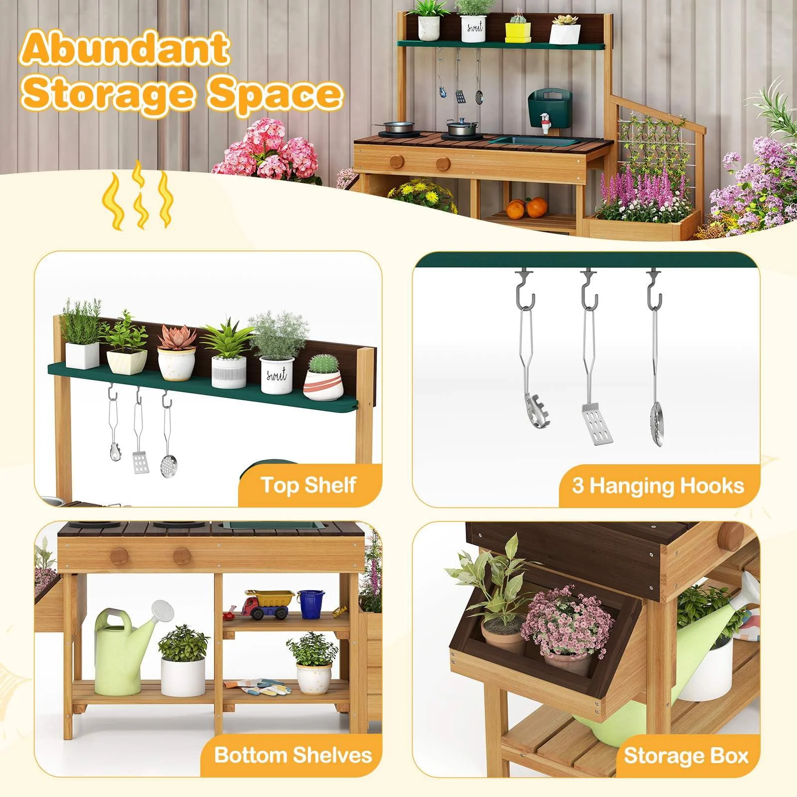 Outdoor Play Kitchen for Kids Wooden Toy Kitchen Playset with Removable Faucet - Image 5