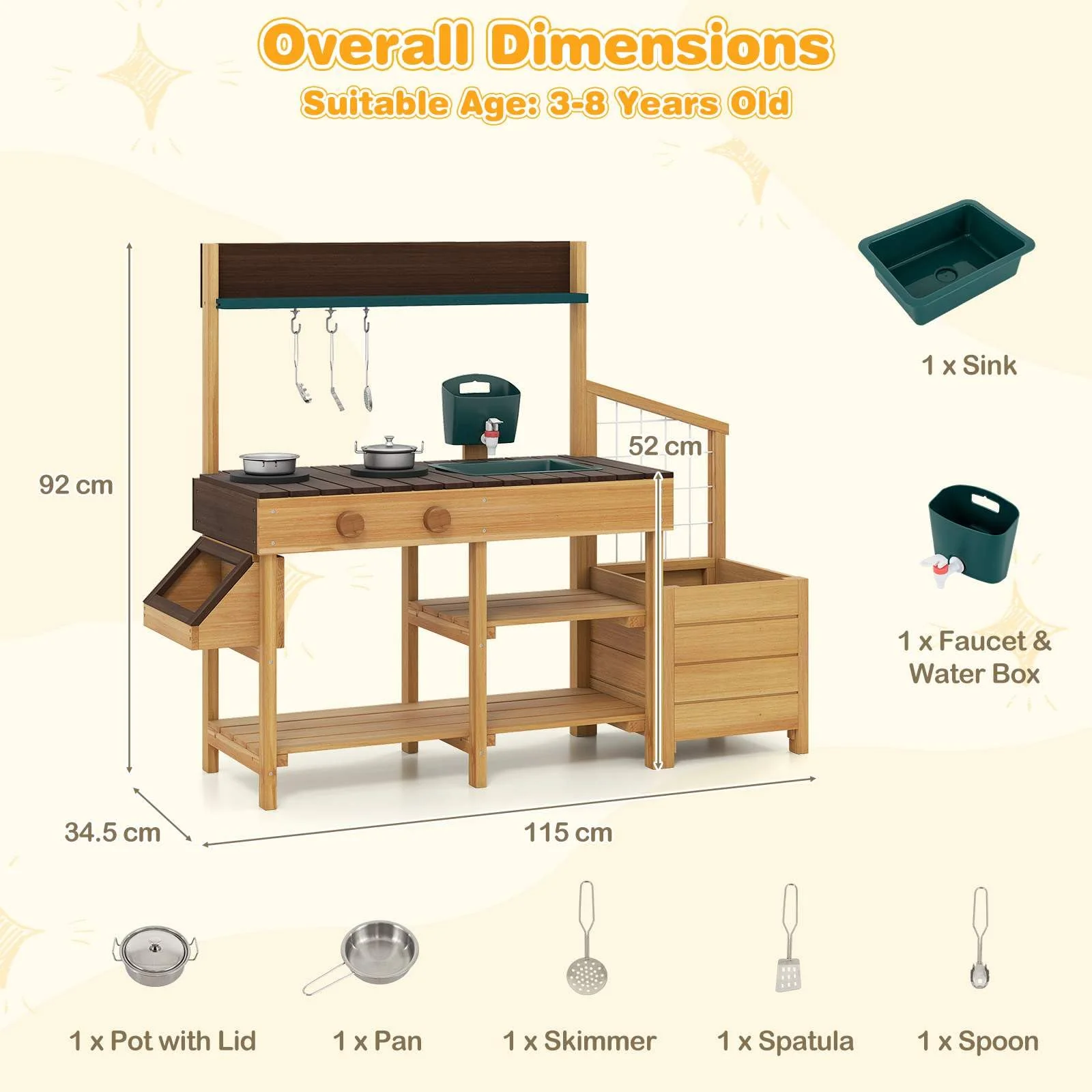 Outdoor Play Kitchen for Kids Wooden Toy Kitchen Playset with Removable Faucet - Image 7