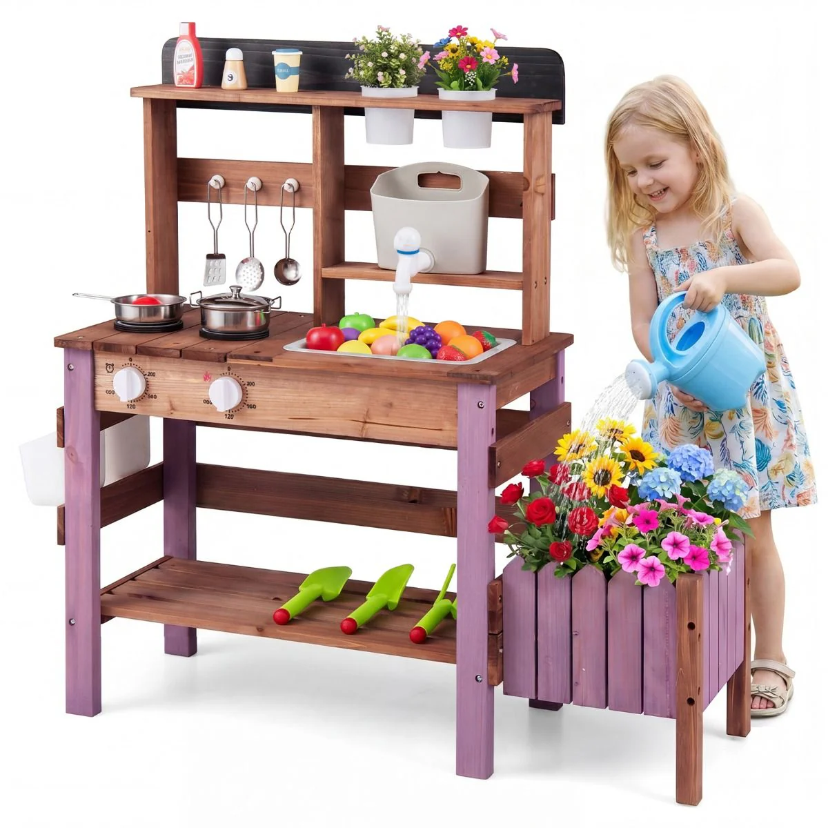 Outdoor Wooden Mud Kitchen Set Play Kitchen with Running Water Faucet Tank - Image 10