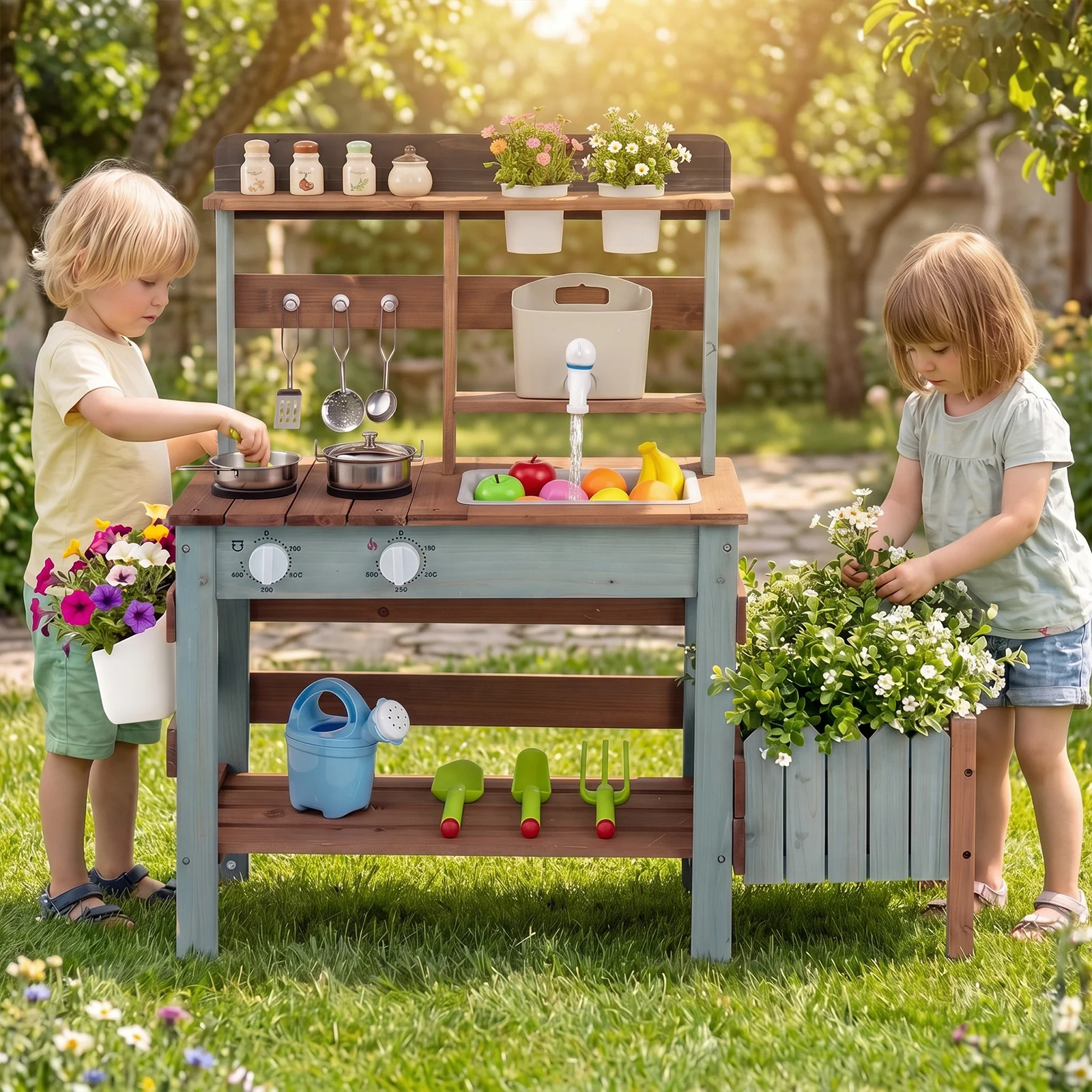 Outdoor Wooden Mud Kitchen Set Play Kitchen with Running Water Faucet Tank - Image 2