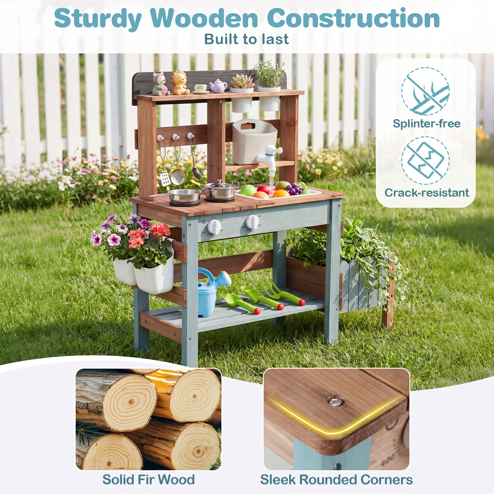 Outdoor Wooden Mud Kitchen Set Play Kitchen with Running Water Faucet Tank - Image 7